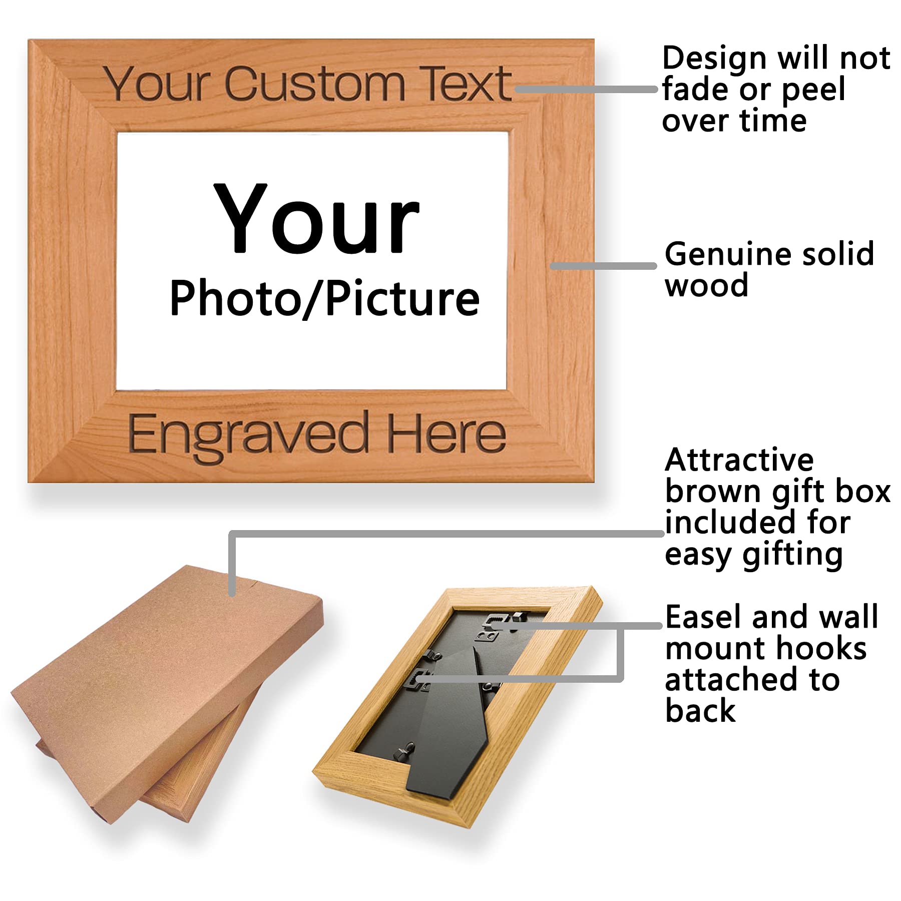 Custom Engraved Solid Wood Picture Frame 4x6 Inches - Personalized Photo Frame with Text, Hanging or Tabletop Display - Perfect for Home Decor, Wedding Gifts & Office Art Displays