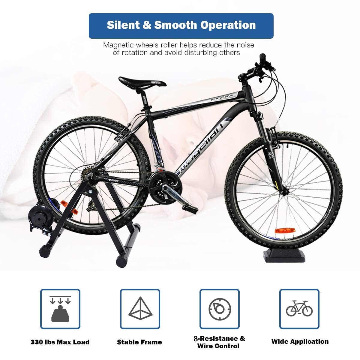 Magnetic Bike Trainer Stand for Indoor Cycling - Quick Release Folding Exercise Bike Stand with 8 Resistance Levels - Steel Stationary Trainer for 26”-28” Wheels - Perfect for Home Workouts & Winter Training