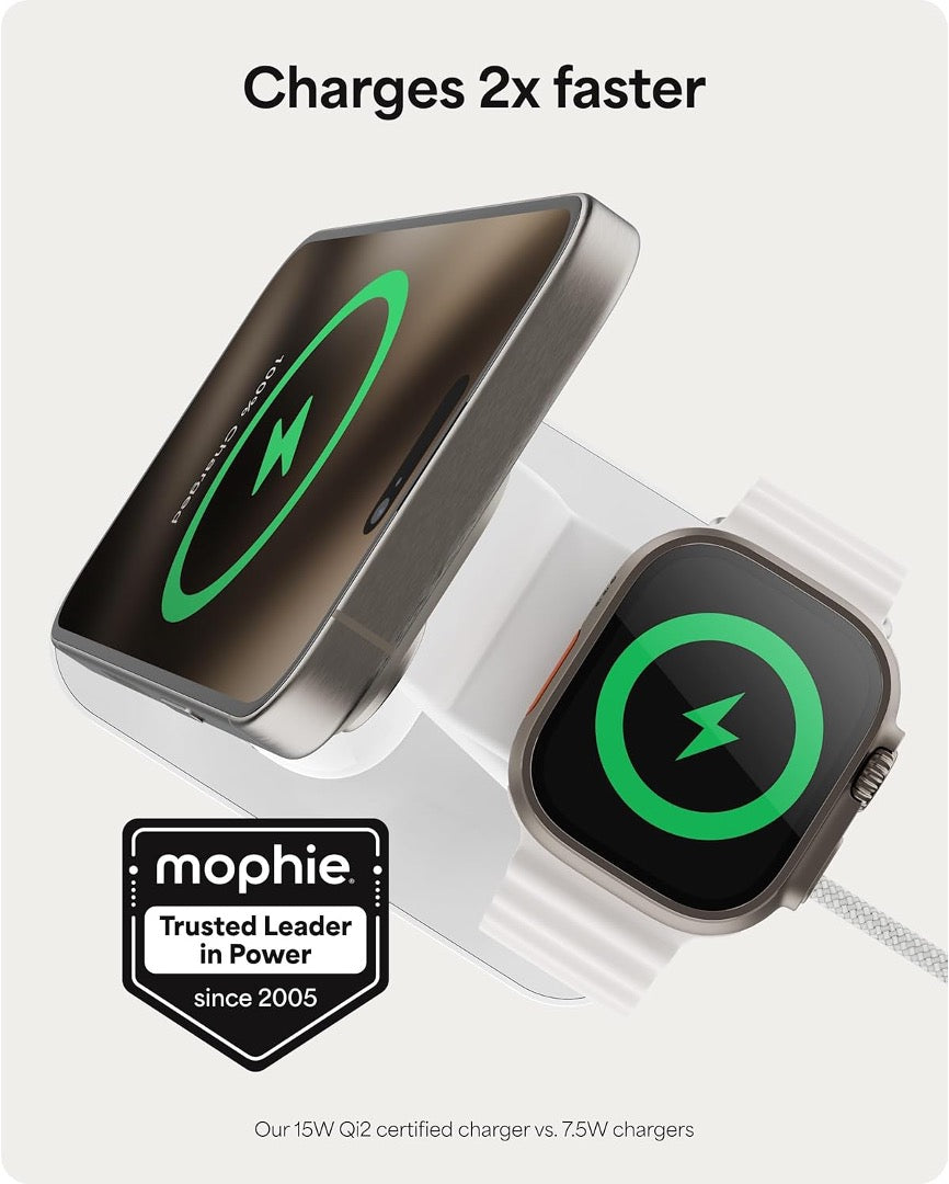 Mophie 3-in-1 Wireless Charging Station with Qi2 Fast Charging - White | Perfect for iPhone, AirPods & Apple Watch Charging at Home, Office or Nightstand