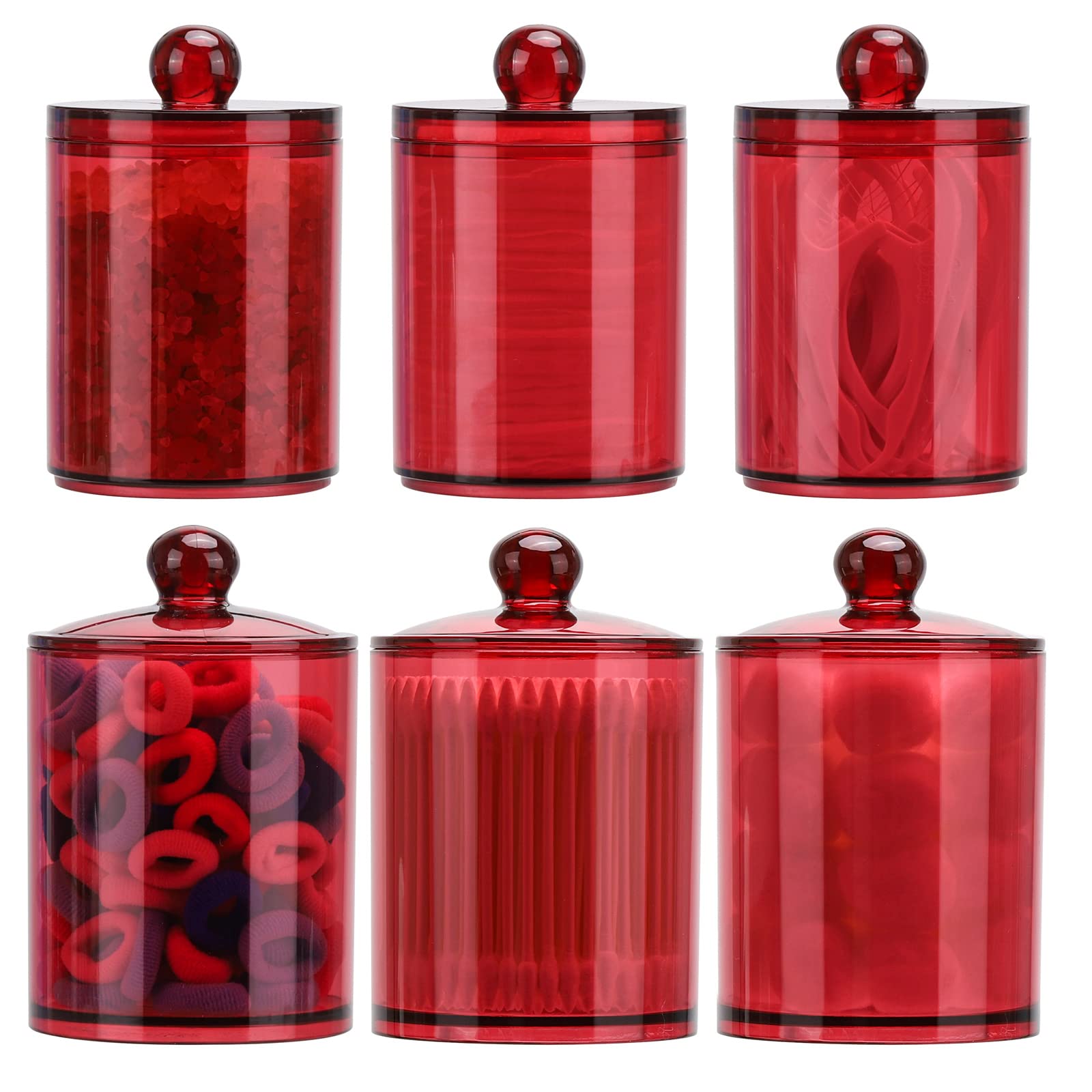 Tbestmax 6-Pack Clear Plastic Apothecary Jars with Red Wood Lids - 10 oz & 12 oz Bathroom Storage Containers for Cotton Balls, Qtips & Round Pads - Perfect for Vanity, Makeup Counter & Spa Organization