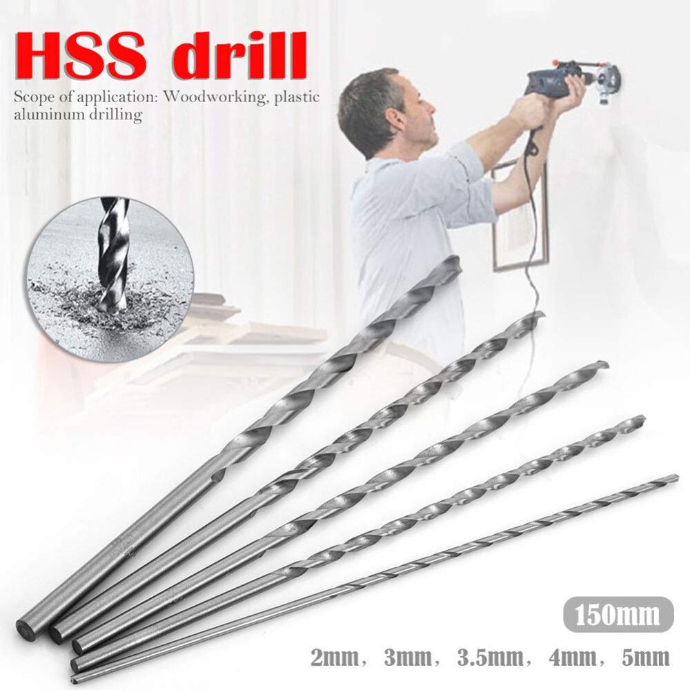 5-Piece Extra Long HSS Twist Drill Bit Set (2mm, 3mm, 3.5mm, 4mm, 5mm) - 150mm Straight Shank for Wood & Metal Drilling - Power Tool Accessories for DIY Projects, Furniture Making, and Home Repairs