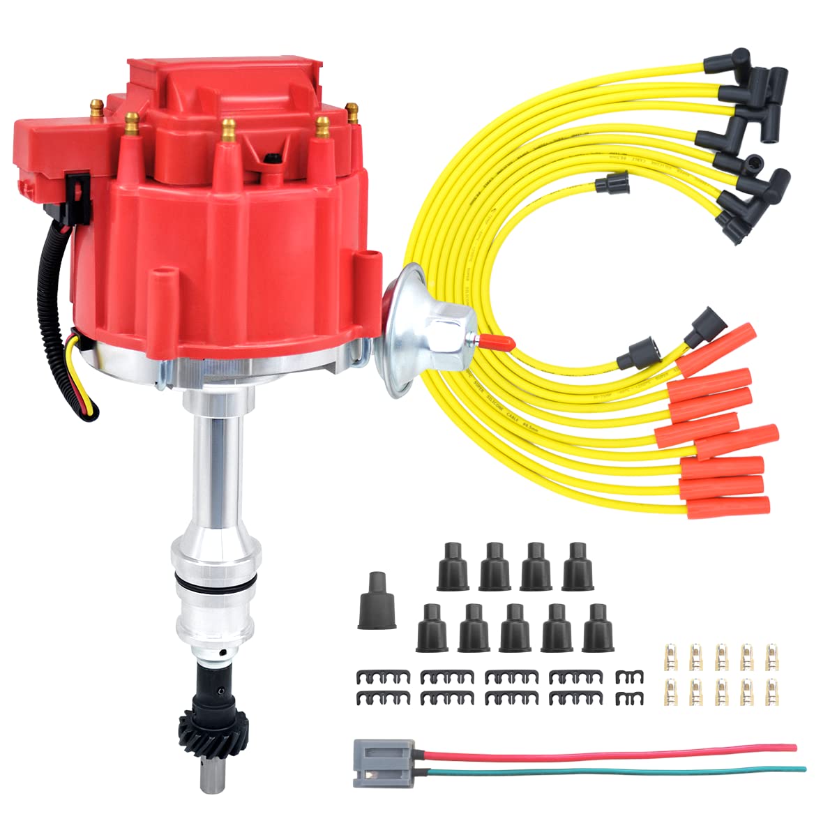 MAS Performance HEI Ignition Distributor Kit with Cap, Rotor & Spark Plug Wires - Compatible with Ford 351 400 460 Engines (65000 Volt Coil, KA-1046013, PE332U, JM6506BL) - High Performance Red HEI Upgrade for Classic Cars & Hot Rods