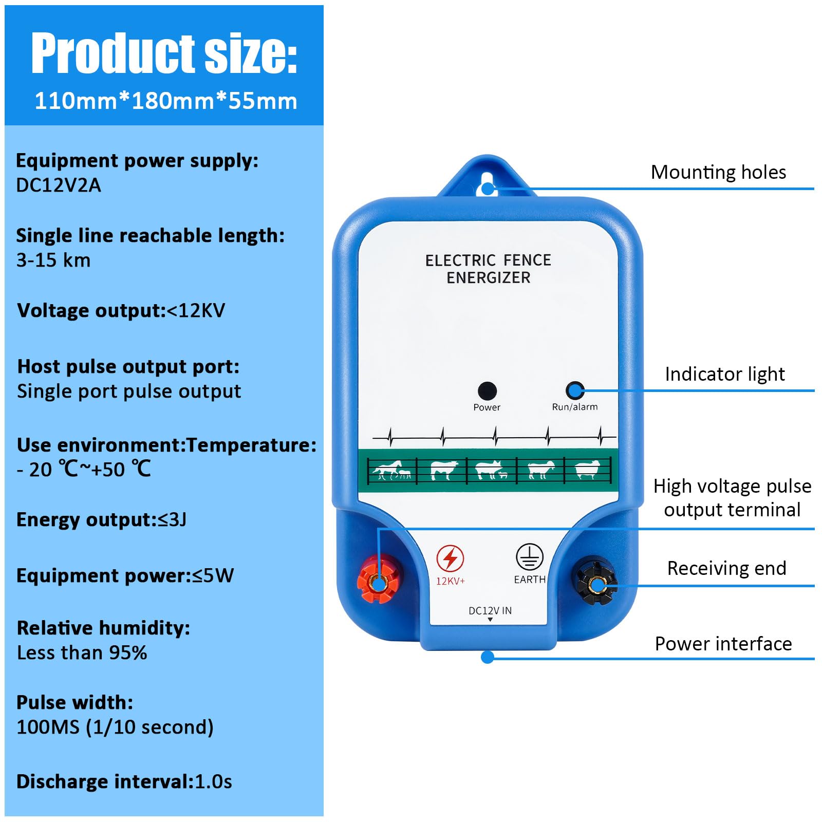High-Power 10.5kV 2 Joules Electric Fence Charger Energizer for Livestock, Pets & Wildlife Control - Durable 7.09 Inch Fence Energizer for Farm, Ranch & Backyard Animal Containment (Prevents Wild Animal Intrusion)