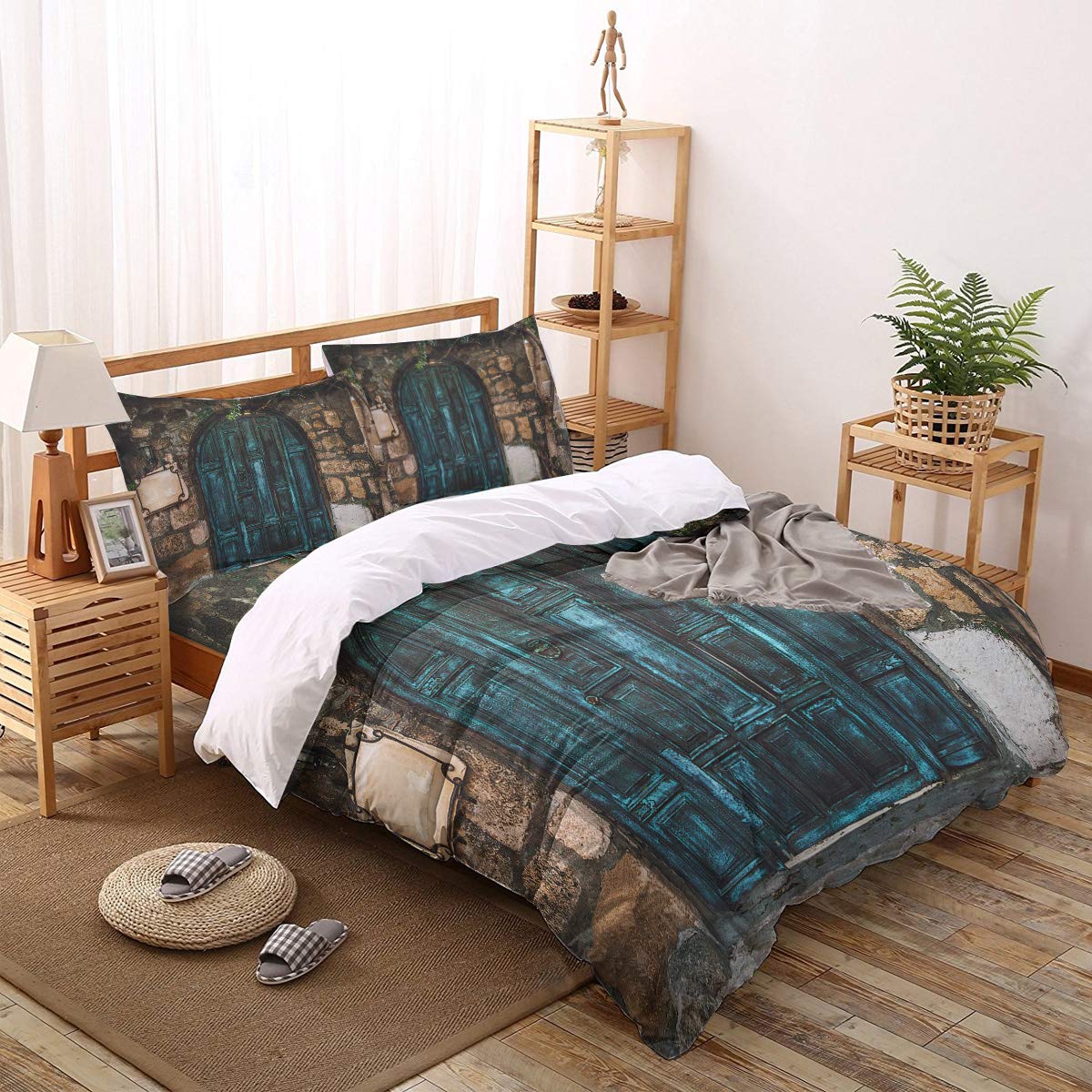 4-Piece European Medieval Style Duvet Cover Set - Ultra Soft Old Wooden Door Design Bedding with Zipper Closure & Corner Ties - Perfect for Gothic, Vintage, or Farmhouse Themed Bedrooms