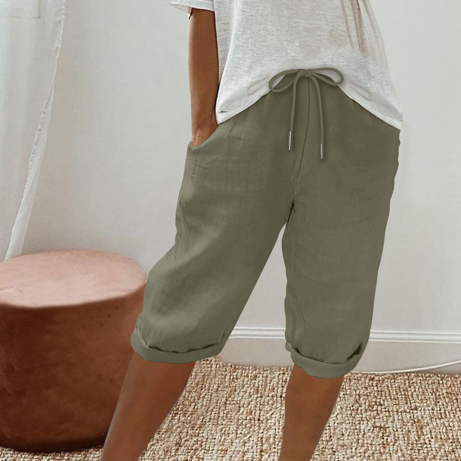 Women's Linen Bermuda Shorts - High Waisted Summer Shorts with Pockets for Beach & Lounge