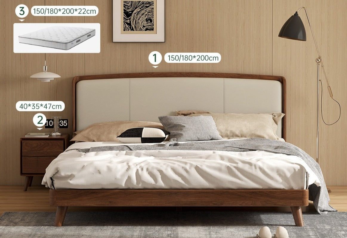 Premium Black Walnut Solid Wood Leather Bed Frame - Luxury Bedroom Furniture Set for Master Bedroom & Guest Room Decor
