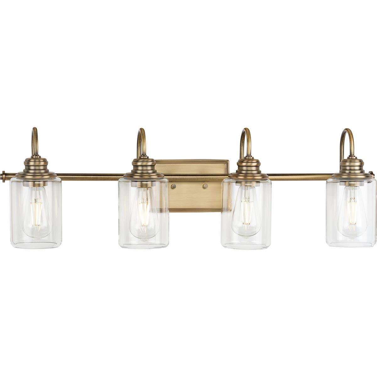 Progress Lighting Aiken Collection 4-Light Vintage Brass Clear Glass Bathroom Vanity Light - Perfect for Vintage Style Bathroom Decor & Modern Farmhouse Lighting