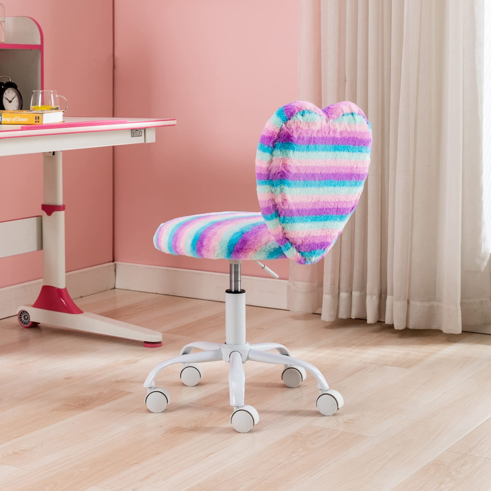 Colorful Furry Kids Desk Chair for Girls - Soft Swivel Rolling Study Chair with Rainbow Design, Perfect for Bedroom, Computer Use, Reading & Homework