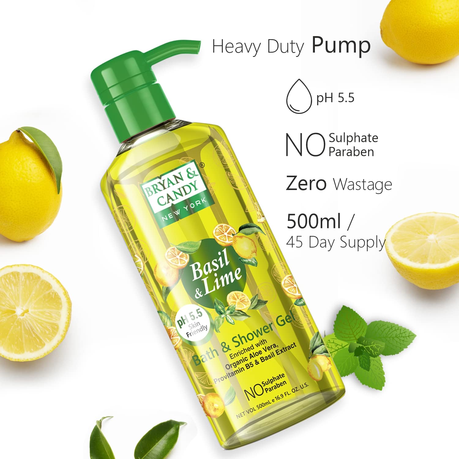 Bryan & Candy Aloe Vera Shower Gel - Gentle Moisturizing Body Wash for Soft, Supple Skin | Basil & Lime Scented | 500ml | Perfect for Daily Hydration & Relaxing Bath Time
