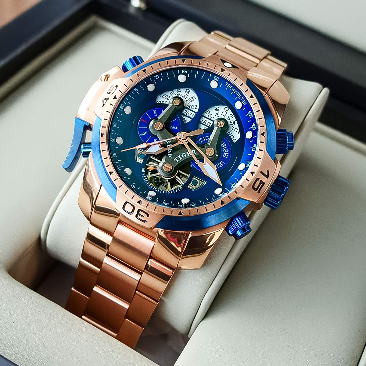 REEF TIGER Luxury Men's Mechanical Watch - Rose Gold Date Day Complicated Bracelet Watch RGA3503 for Business, Formal & Casual Wear | Perfect Gift for Men