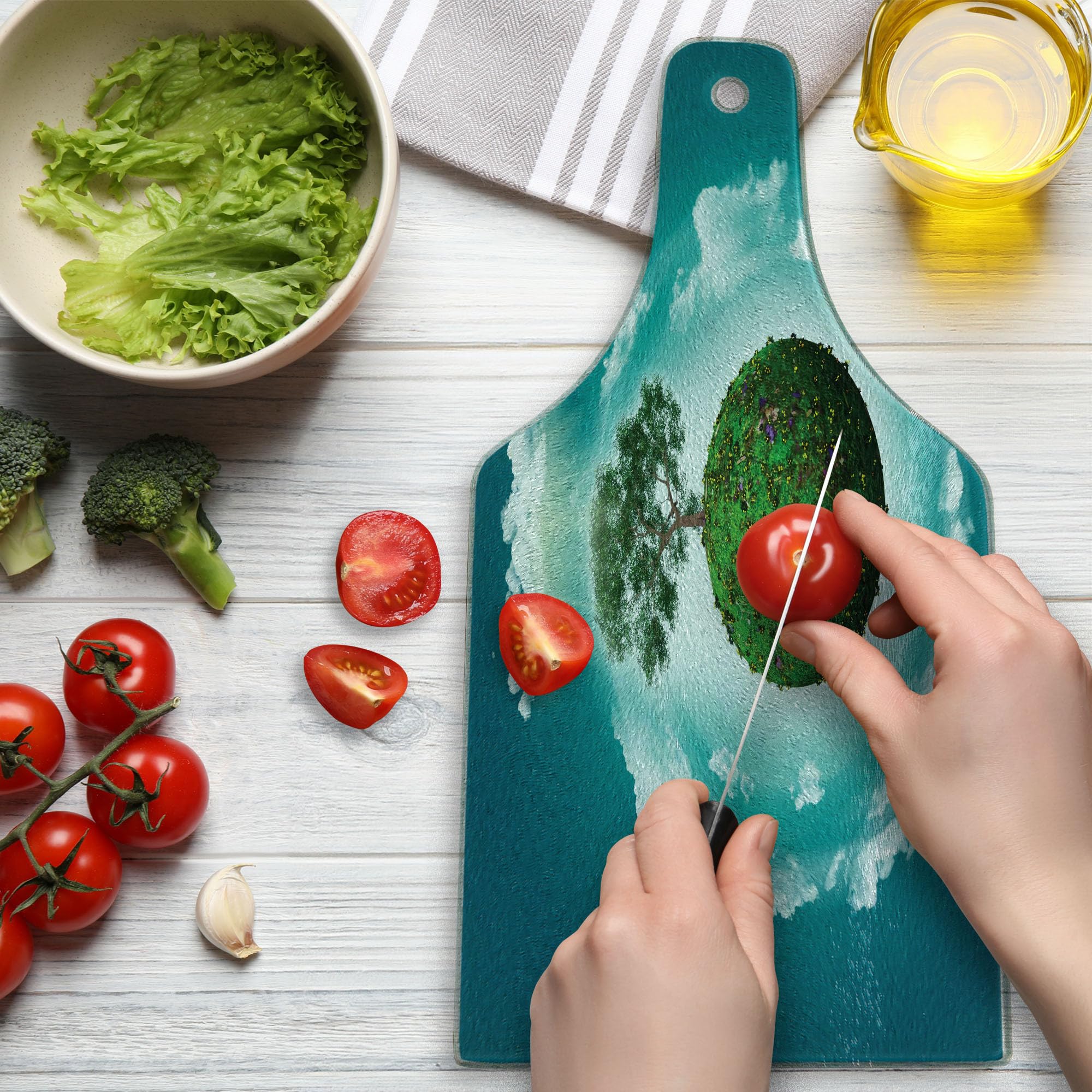 Ambesonne Tree of Life Tempered Glass Cutting Board - Artistic Wine Bottle Shaped Serving Board with Grassy Globe & Plant Clouds Design - Perfect for Kitchen Use, Charcuterie Platter & Home Decor (Green, Blue, White)