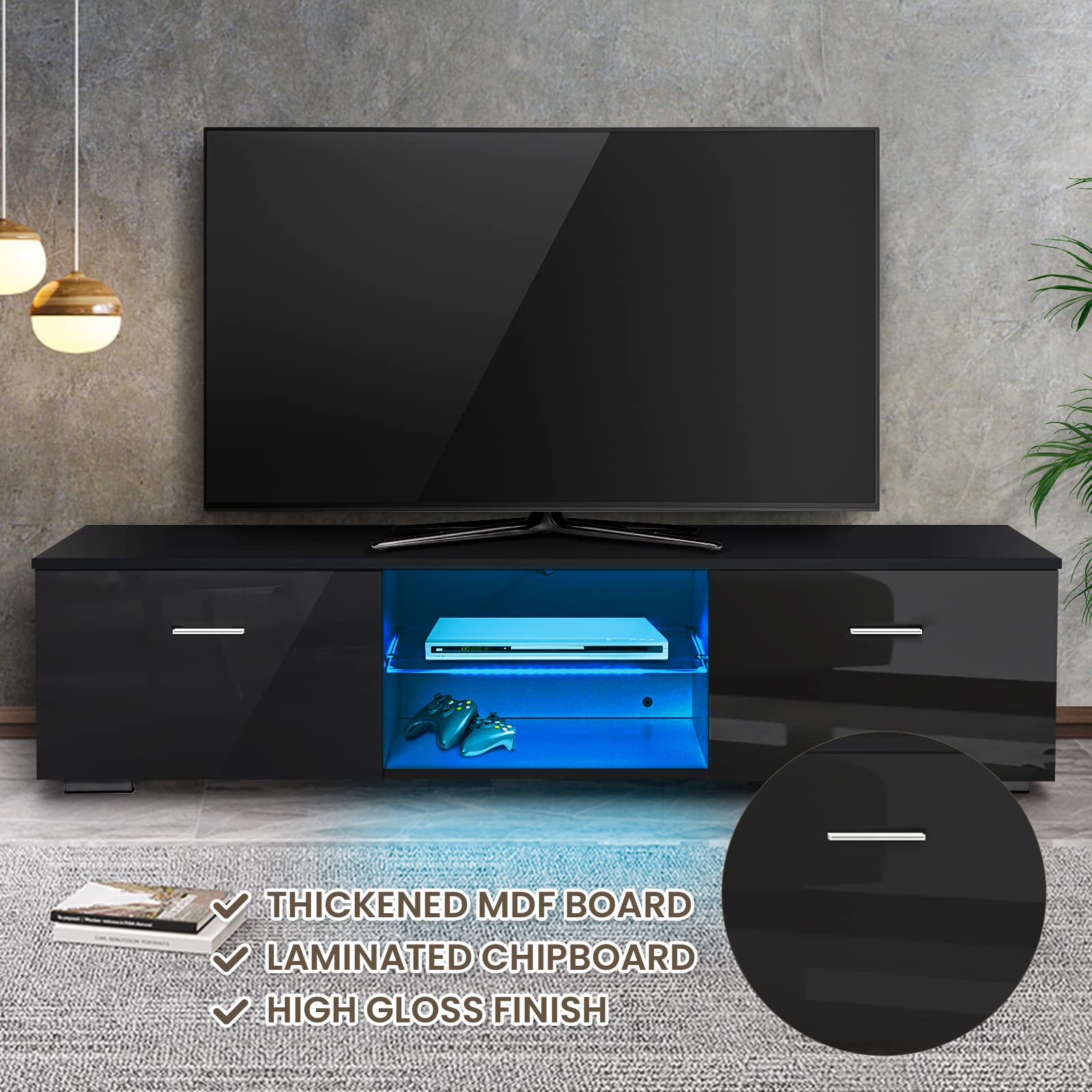 Modern LED TV Stand for 65 Inch TVs - Black Entertainment Center with Storage, Glass Shelves & 2 Drawers - High Gloss TV Cabinet with LED Lights for Living Room, Bedroom & Home Theater Setup