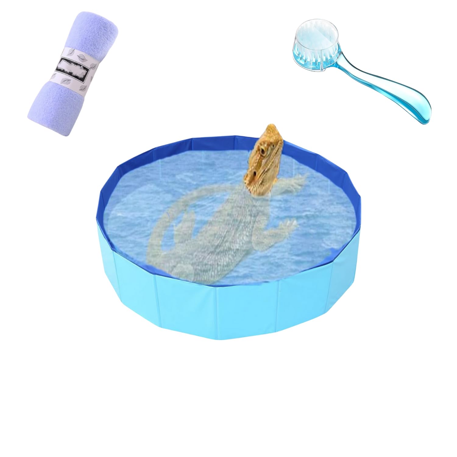 Foldable Reptile Bathtub with Brush & Towel - for Bearded Dragons, Turtles, Hedgehogs - Pet Cleaning & Relaxation