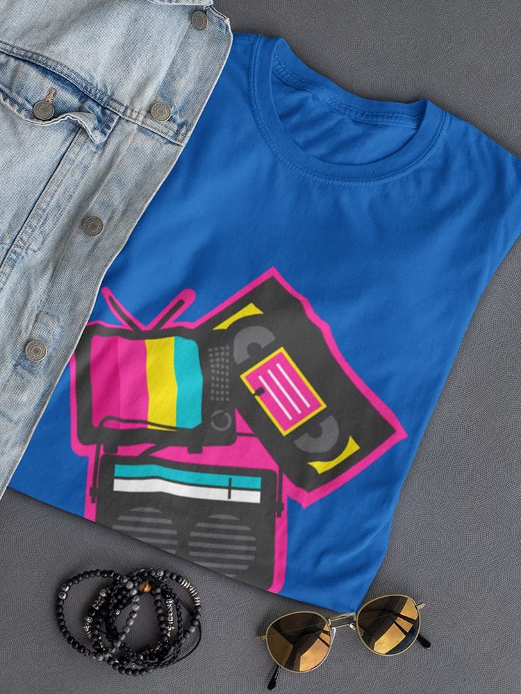 Vintage TV Radio Cassette Graphic Tee - Women's Royal Blue T-Shirt for Music & Movie Lovers | Perfect for Concerts, Retro Parties & Casual Wear