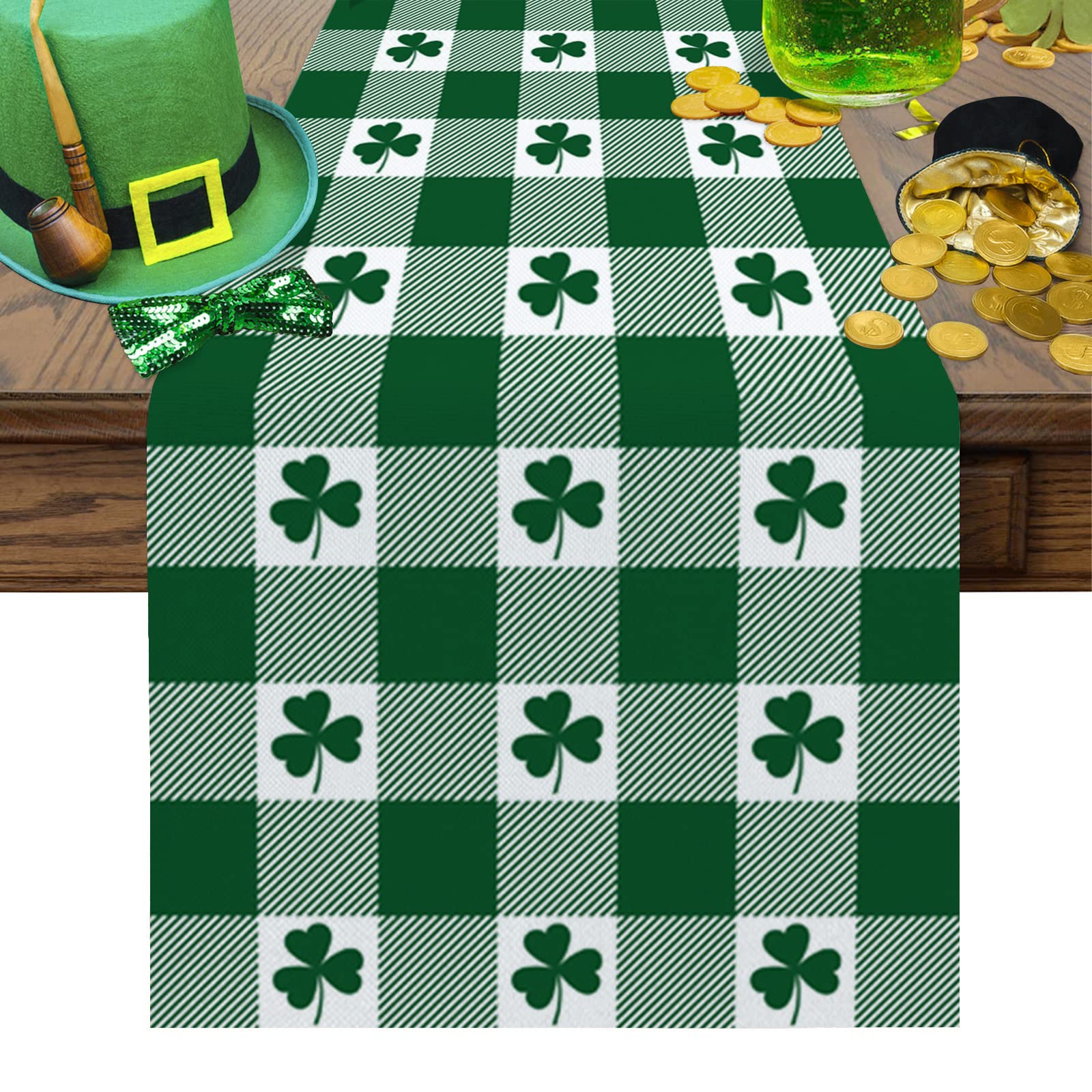 120 Inch St Patrick's Day Table Runner - Cotton Linen Irish Kitchen Dinner Tablecloth in Green White Buffalo Plaid | Perfect for Dining Tables, Dressers, Parties & Weddings | Festive Home Decor & Holiday Entertaining