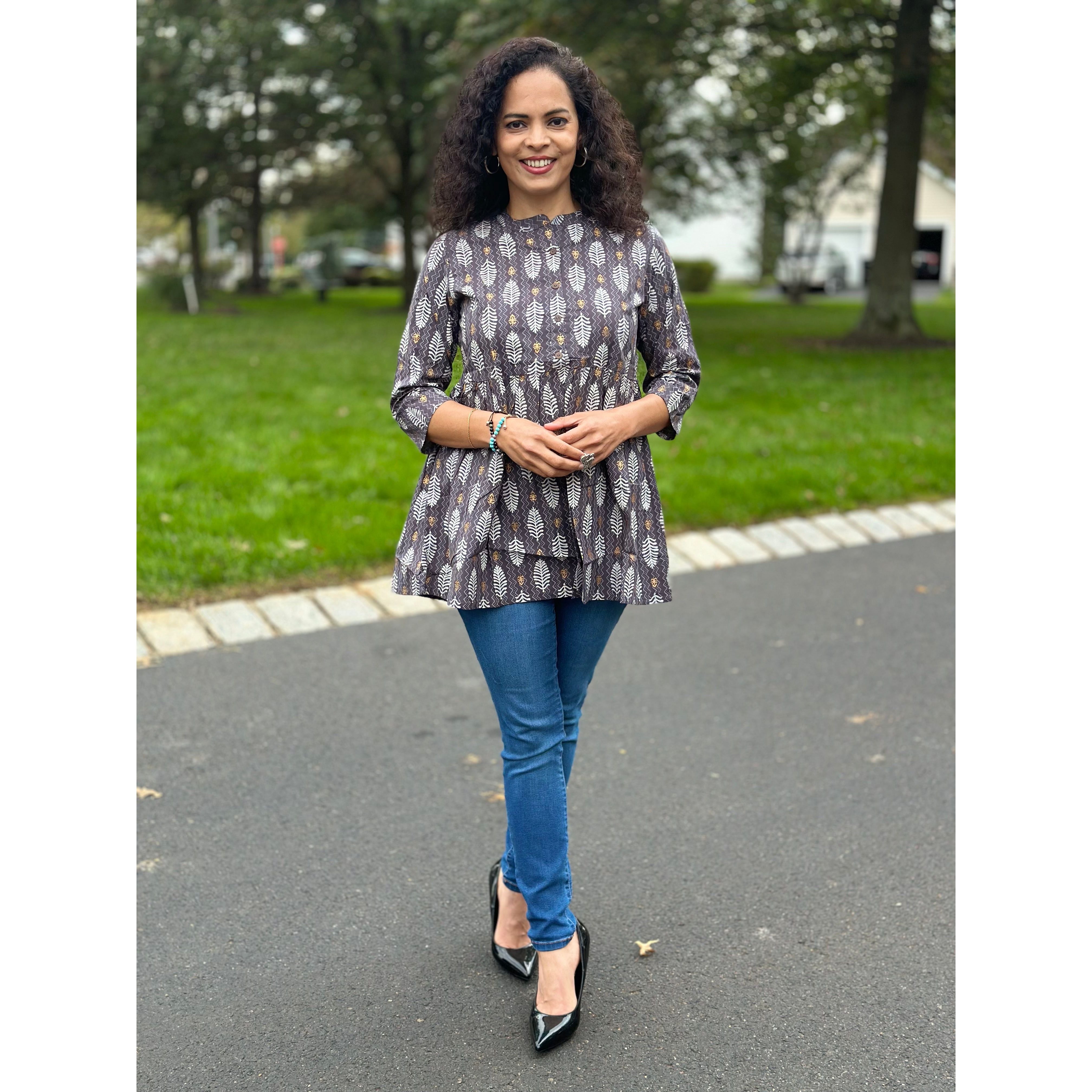 Stylish Grey and White Short Kurti for Women - Comfortable Cotton Summer Tunic Top - Perfect for Casual Wear, Parties & Festivals