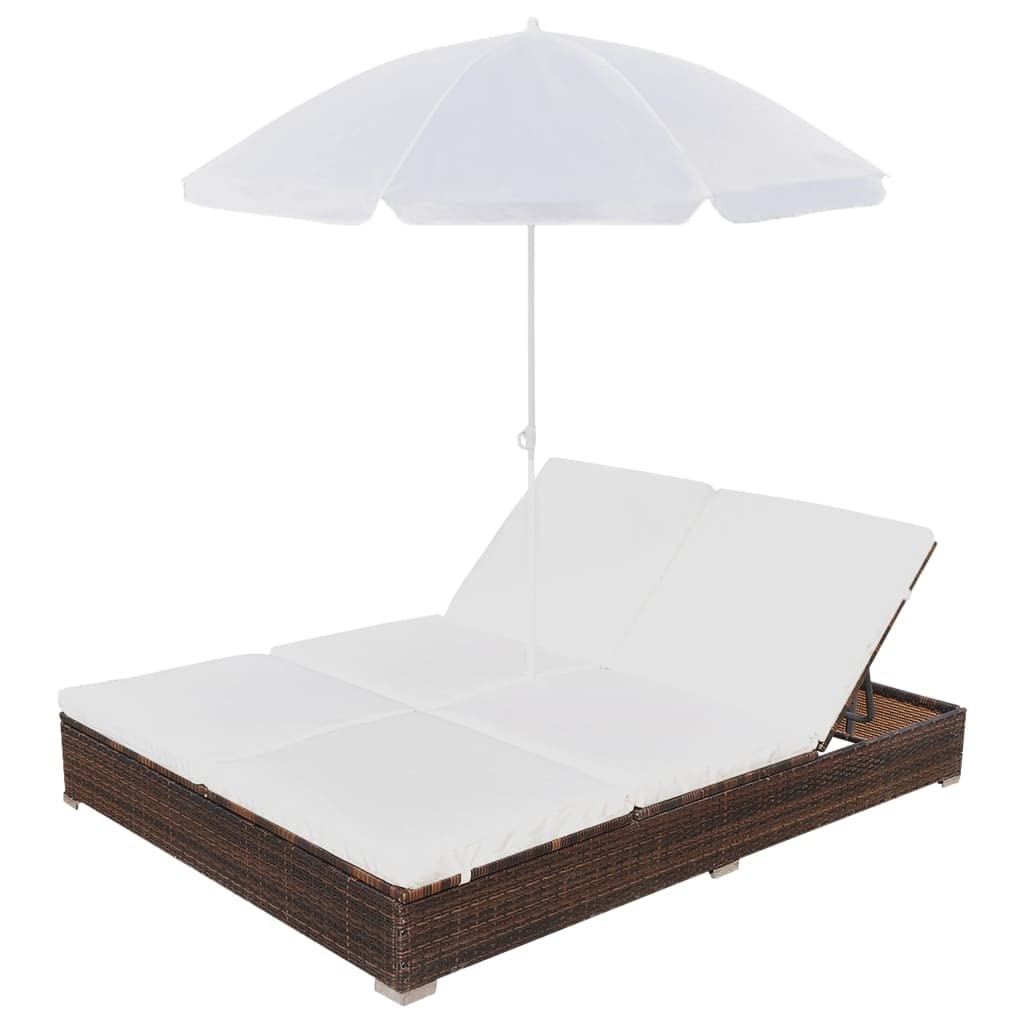 Brown Poly Rattan Adjustable Reclining Patio Lounge Bed with Umbrella - Perfect for Outdoor Relaxation in Garden, Beach, Poolside, Lawn, and Sunbathing Areas