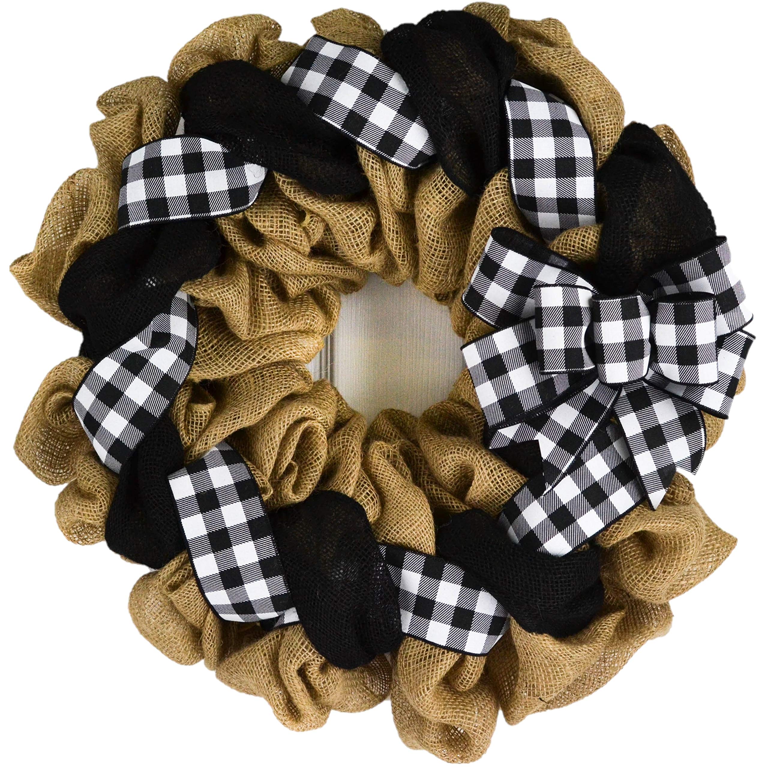 Black and White Buffalo Check Burlap Wreath for Front Door - Year Round Home Decor - Perfect Gift for Mom, Christmas, Thanksgiving & Seasonal Door Hanging Decor