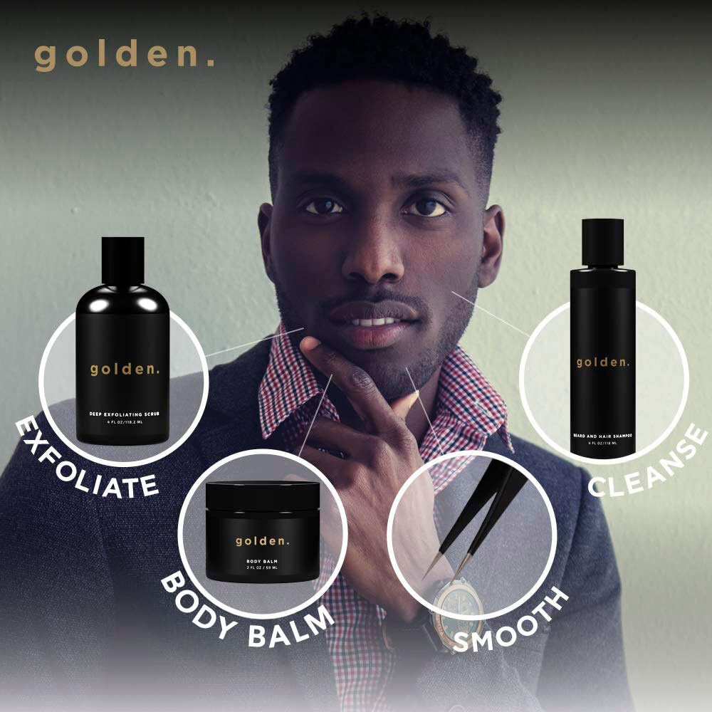 Golden Grooming Co. Men's Skincare & Beard Care Kit - Exfoliating Scrub, Face Wash, Lip Balm, Body Wash, 2-in-1 Beard Shampoo | Perfect Gift Set for Men's Daily Grooming & Self-Care Routine
