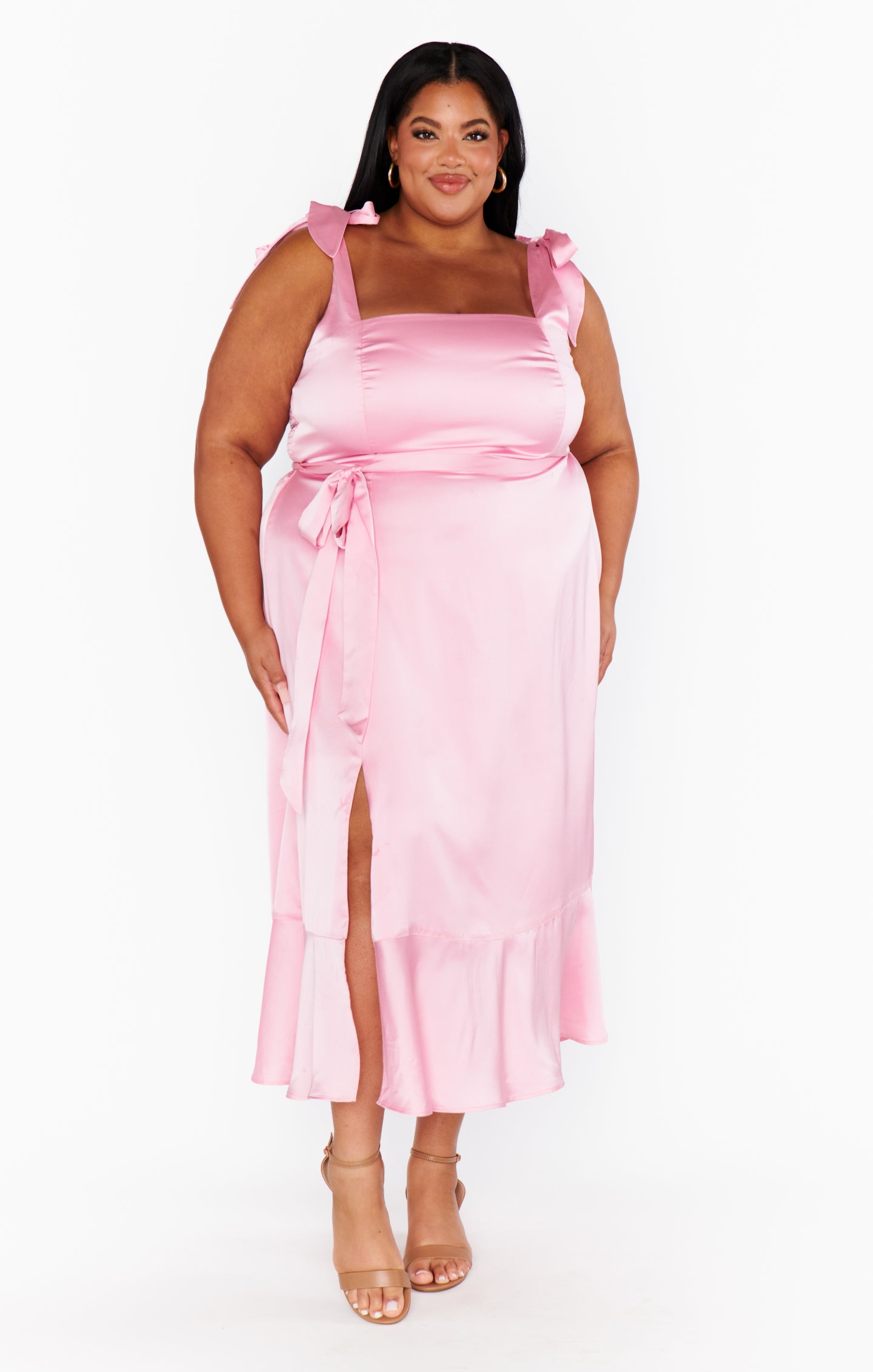 Luxury Light Pink Satin Garden Midi Dress - Elegant Women's Summer Party Dress for Weddings, Cocktail Events & Outdoor Gatherings