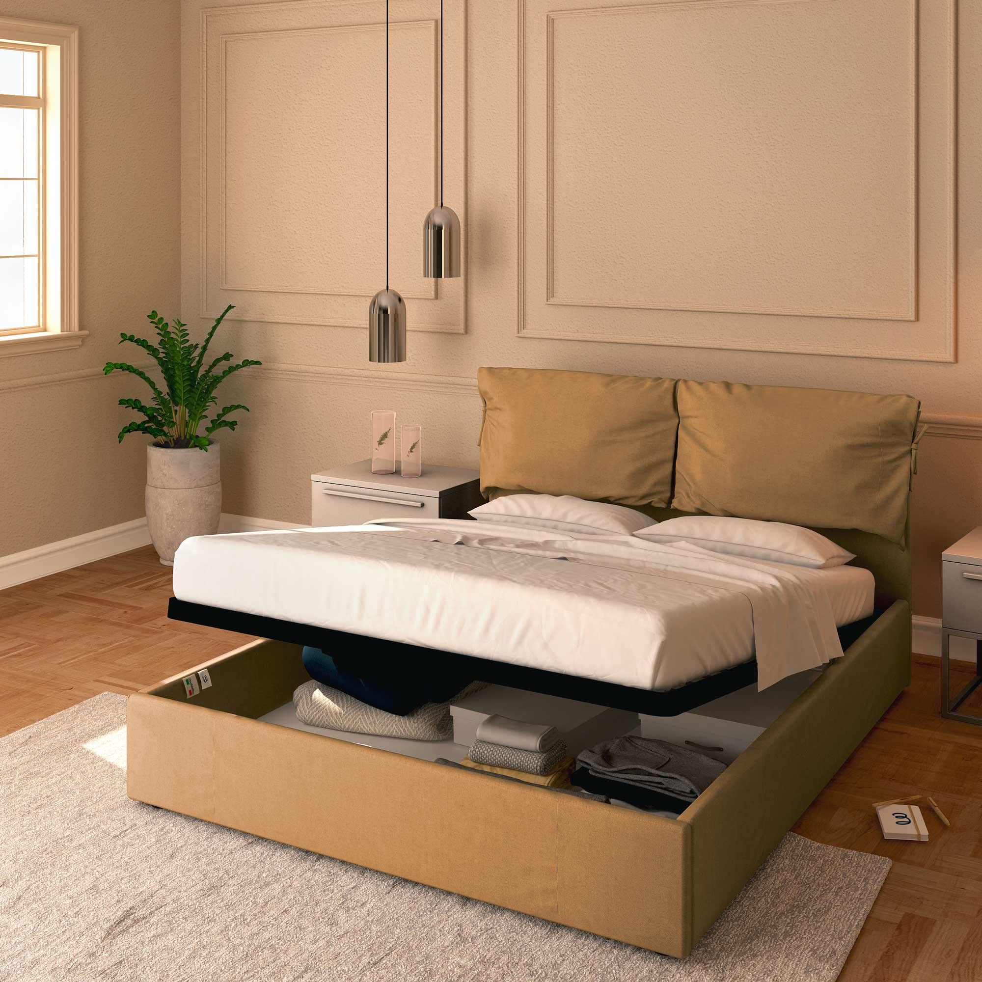 Baldiflex Licia Soft Queen Size Bed Frame with Storage - Synthetic Leather Upholstery, Slatted Base for Mattress Support, Light Brown, 180x200 cm - Perfect for Modern Bedrooms & Guest Rooms