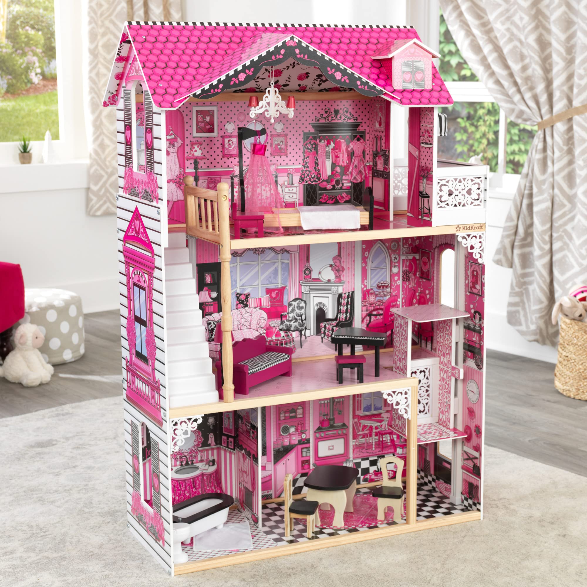 KidKraft Amelia Wooden Dollhouse with Elevator & Balcony - 15-Piece Furniture Accessories Set, Pink Playhouse for Girls Ages 3+ | Perfect for Pretend Play, Birthday Gifts & Nursery Decor