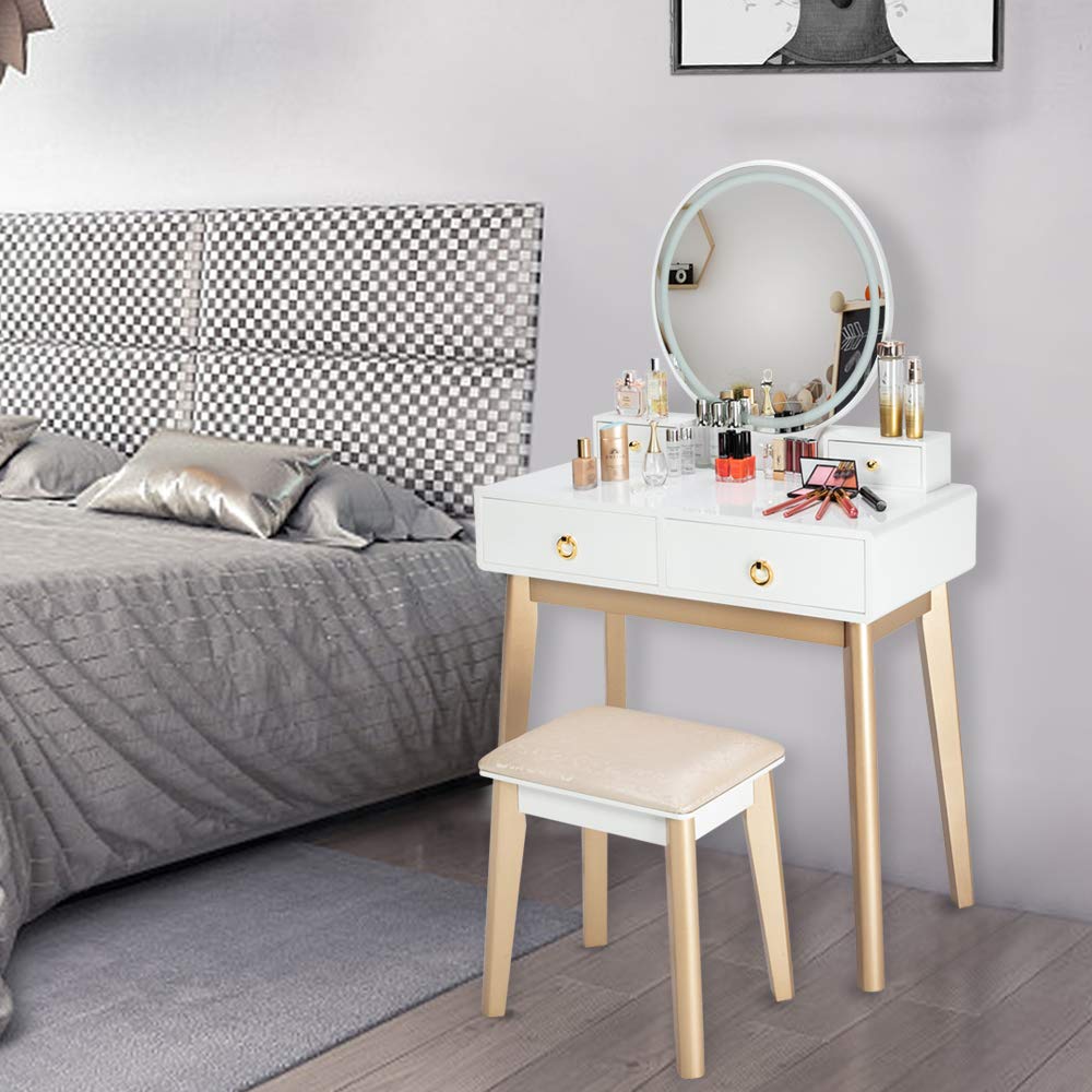 HomVent Vanity Set with Mirror - 3 Color Lighting Modes, Makeup Dressing Table with 4 Drawers & Cushioned Stool for Women | Bedroom Furniture, Beauty Station for Makeup & Skincare Routine (White)