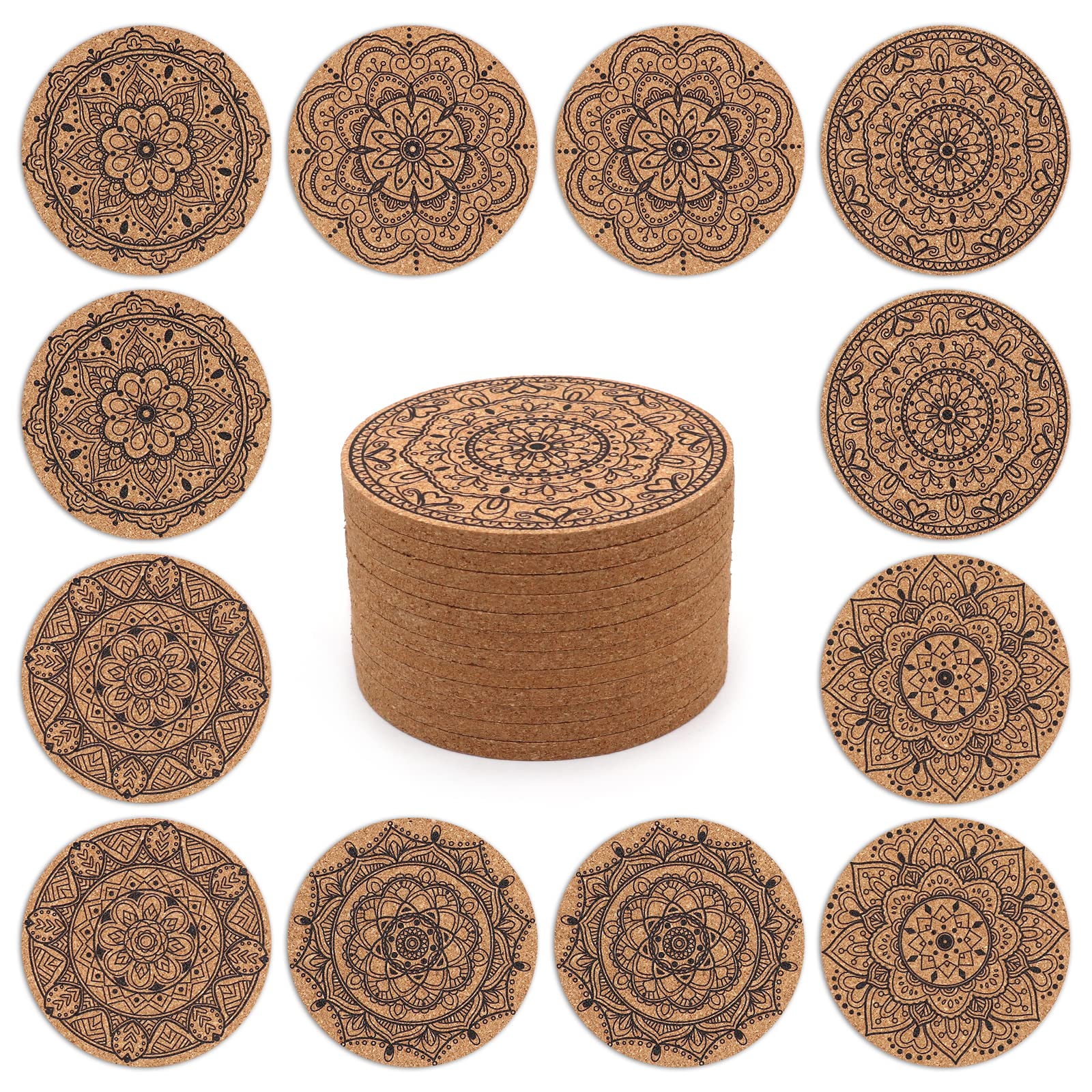 12 Pack Absorbent Cork Drink Coasters with Floral Design - Housewarming Gifts for New Home, Wedding Present, Living Room & Apartment Decor - Perfect for Coffee Tables, Dining Rooms, and Party Settings