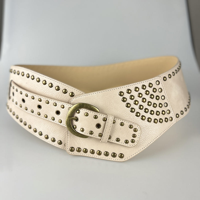 Vintage Faux Leather Wide Belt with Rivet Pin Buckle - Stylish Waist Cincher for Women's Retro Outfits, 80s Costume & Boho Fashion Accessories