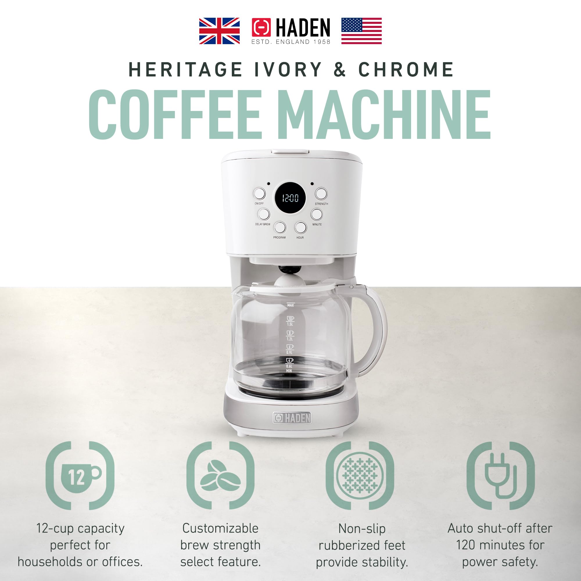 HADEN 12 Cup Programmable Drip Coffee Maker with Auto Shut-Off - Stainless Steel & Ivory Coffee Machine for Home & Office Use