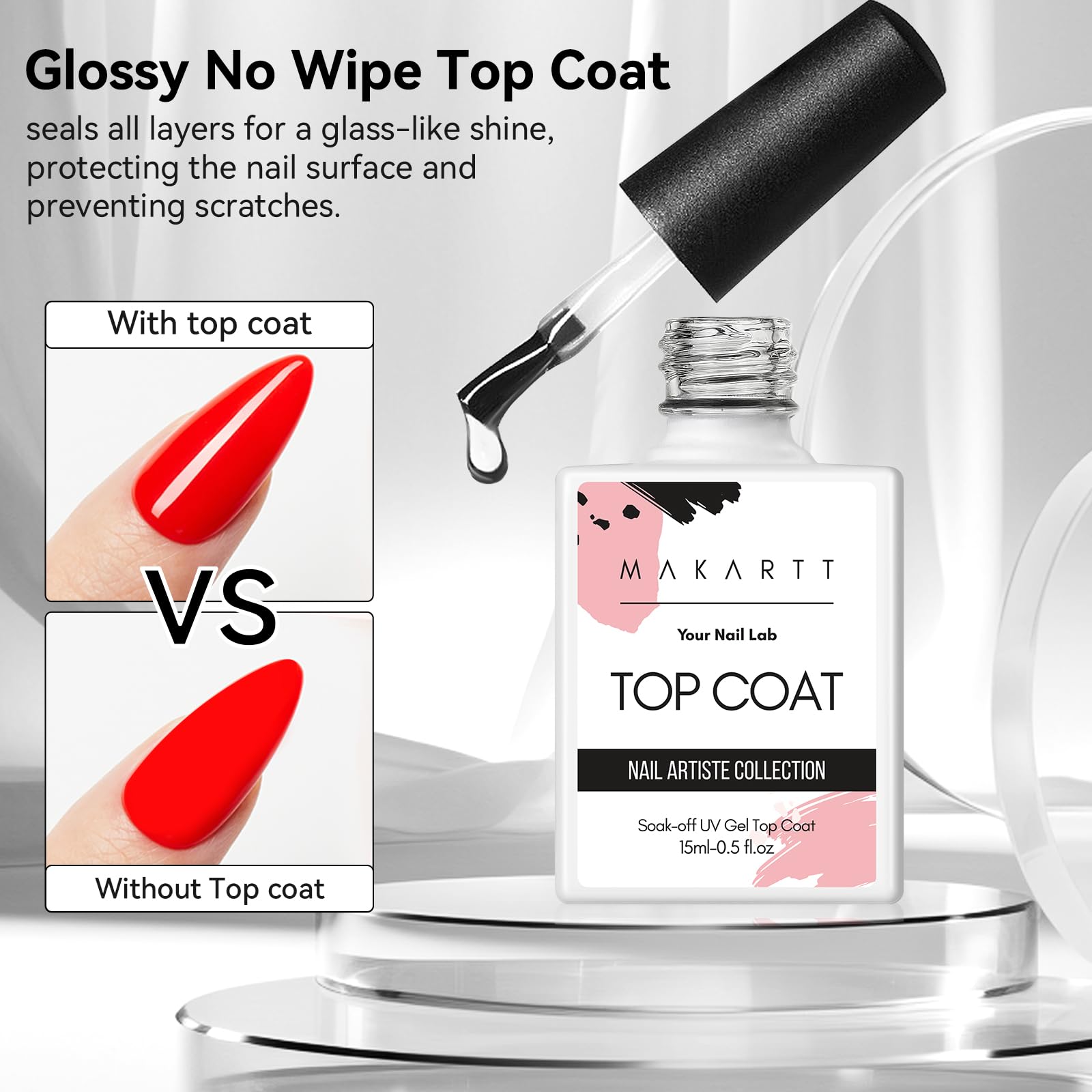 Makartt 15ml No Wipe Gel Top Coat & Peel Off Base Coat Set - 2Pcs Shine Finish Long Lasting UV LED Nail Polish for DIY Manicure | Salon Quality, Easy Soak Off, No Filing Required | Perfect for Home Nail Art, Professional Nail Salons & Gift Giving