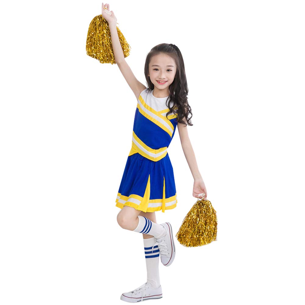 Kids Girls Cheerleading Costume Set - 2 Piece High School Cheerleader Uniform Dress with Stockings & Pom Poms for Dance Team Performance, Cheer Competition, Halloween Costume and Sports Events