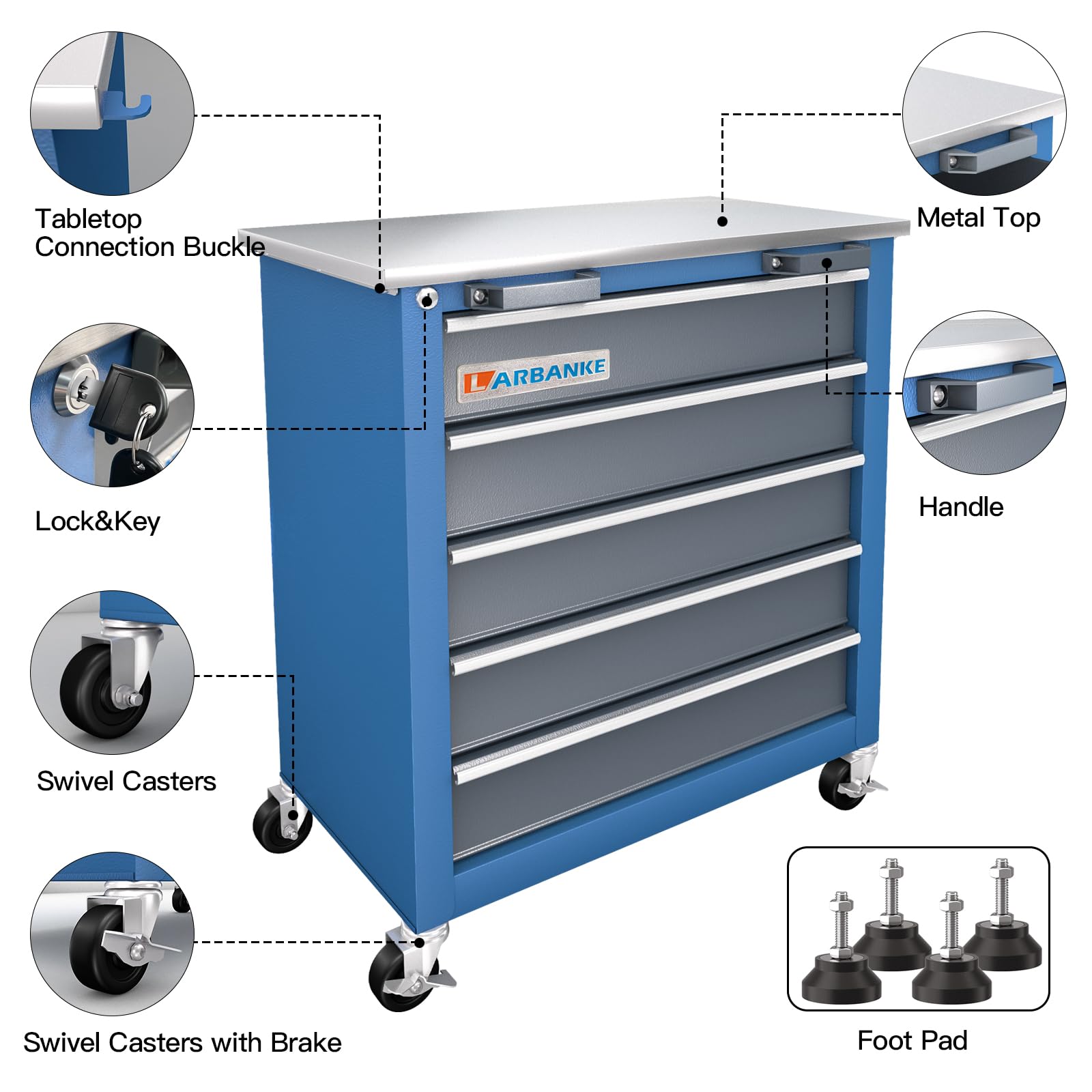 5-Drawer Rolling Tool Chest with Locking Mechanism - Heavy Duty Metal Tool Cabinet with Non-Slip Drawer Liners, Pearl Cotton Mats & 360° Swivel Wheels for Easy Mobility | Perfect for Garage Organization, Auto Repair Shops & DIY Workshops | Compatible with 7-Drawer Tool Cabinet Systems
