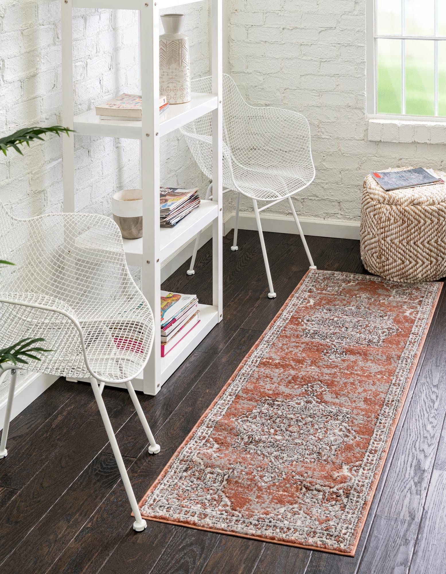 Unique Loom Nyla Collection Non-Slip Area Rug - Smile Design 2'x8' Runner in Salmon Pink & Black - Perfect for Hallways, Entryways & Narrow Spaces