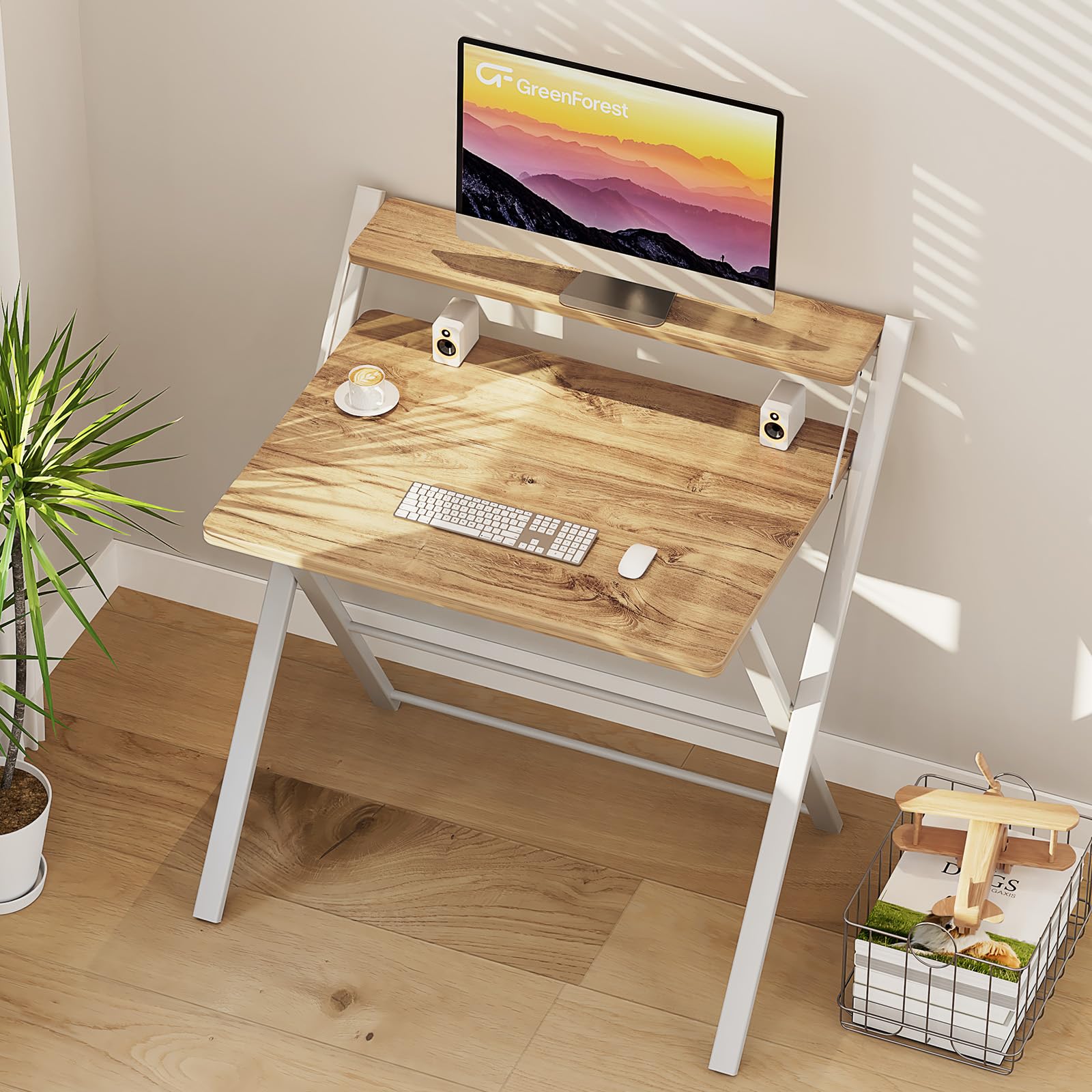 GreenForest Folding Desk - No Assembly Required Small Computer Desk with 2-Tier Shelf | Space Saving Portable Laptop Table for Home Office, Study & Small Spaces | Oak Finish | Perfect for Dorm Rooms, Apartments & Workspaces