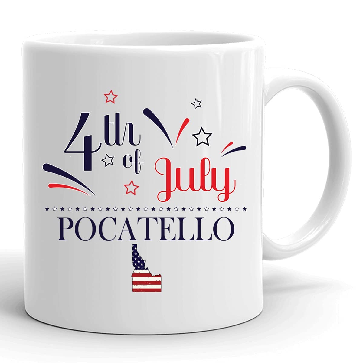 Personalized 11oz White Coffee Mug - Custom USA Flag Design with Any City & State - Happy 4th of July Gift for Independence Day - Perfect for Pocatello Idaho Residents, Office Use & Holiday Celebrations