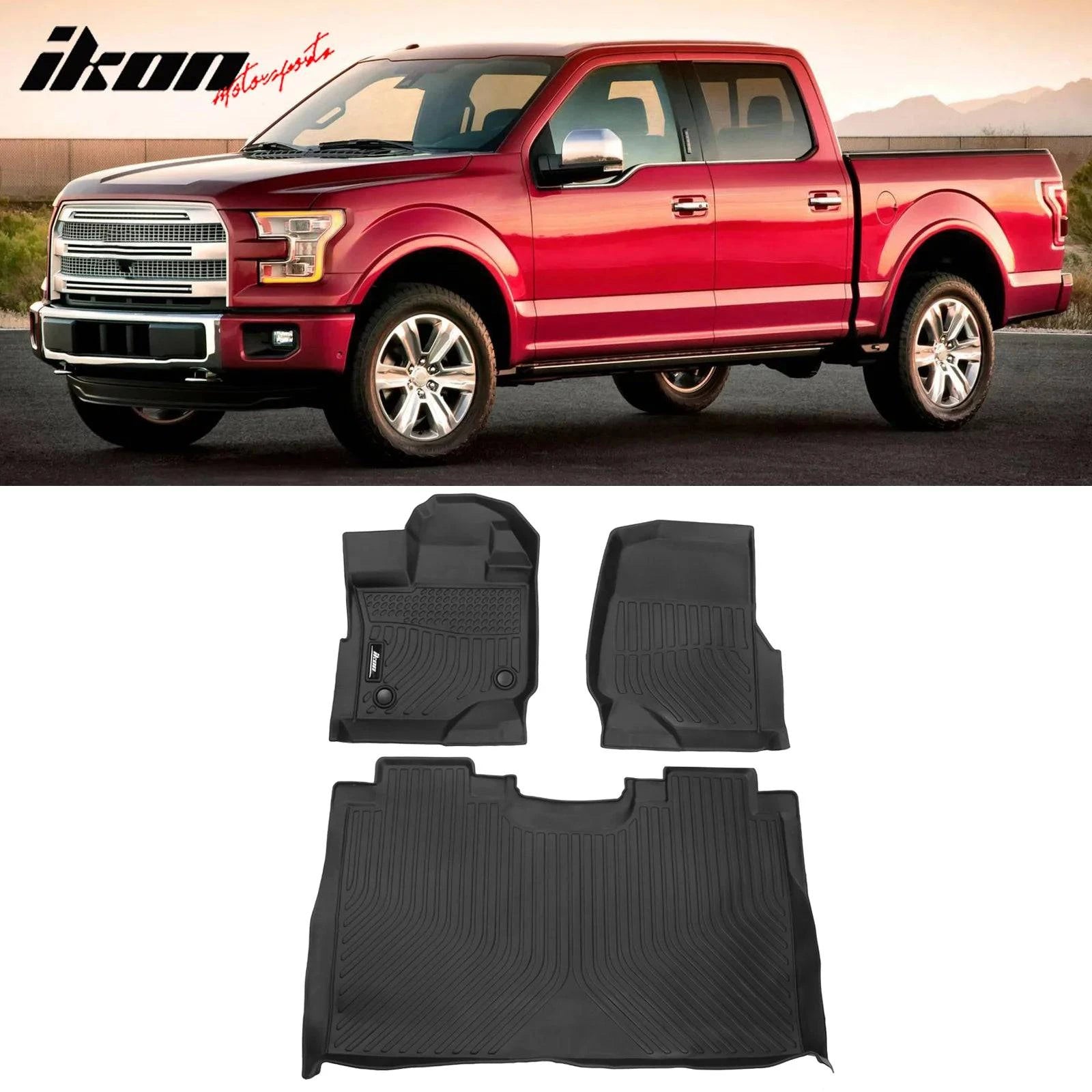 IKON Custom Fit All Weather Floor Mats for 2015-2022 Ford F150 Super Crew - 3D Design Black Carpet Liners for 1st & 2nd Row - Durable Interior Protection for Trucks, SUVs & Off-Road Vehicles
