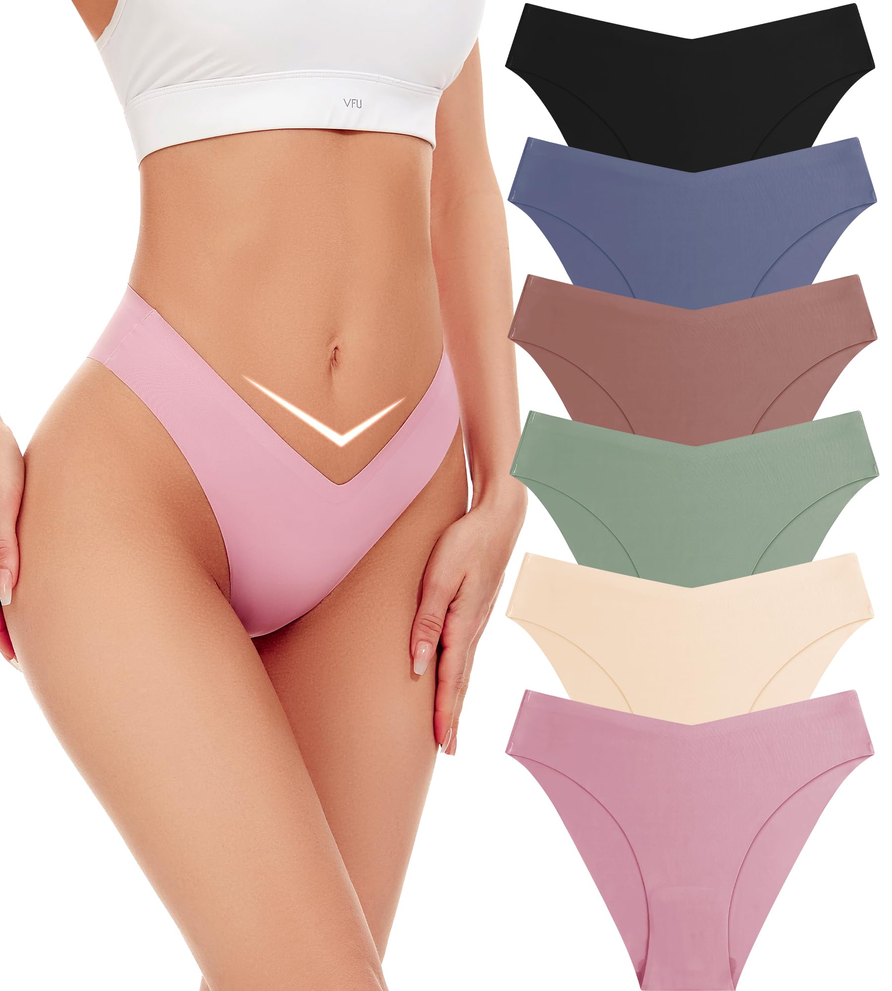 Breathable Seamless Cheeky Underwear for Women - Stretch V-Waist No Show Bikini Panties, Invisible Hipster Underwear (6-Pack, S-XL) - Perfect for Yoga, Workout & Everyday Comfort