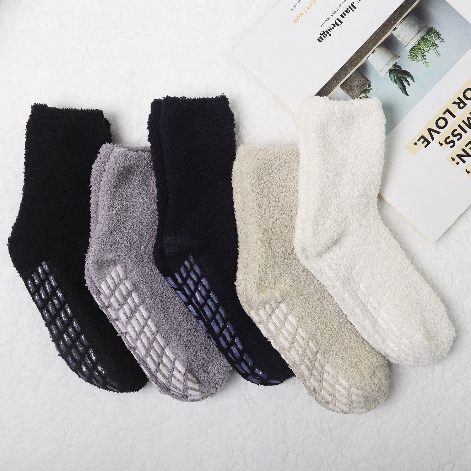 **Women's Fluffy Non-Slip Slipper Socks - 5/6 Pairs Warm Winter Fuzzy Socks with Grips for Women & Girls - Ultra Soft Cozy Home Sleeping Socks for Cold Nights & Relaxation**