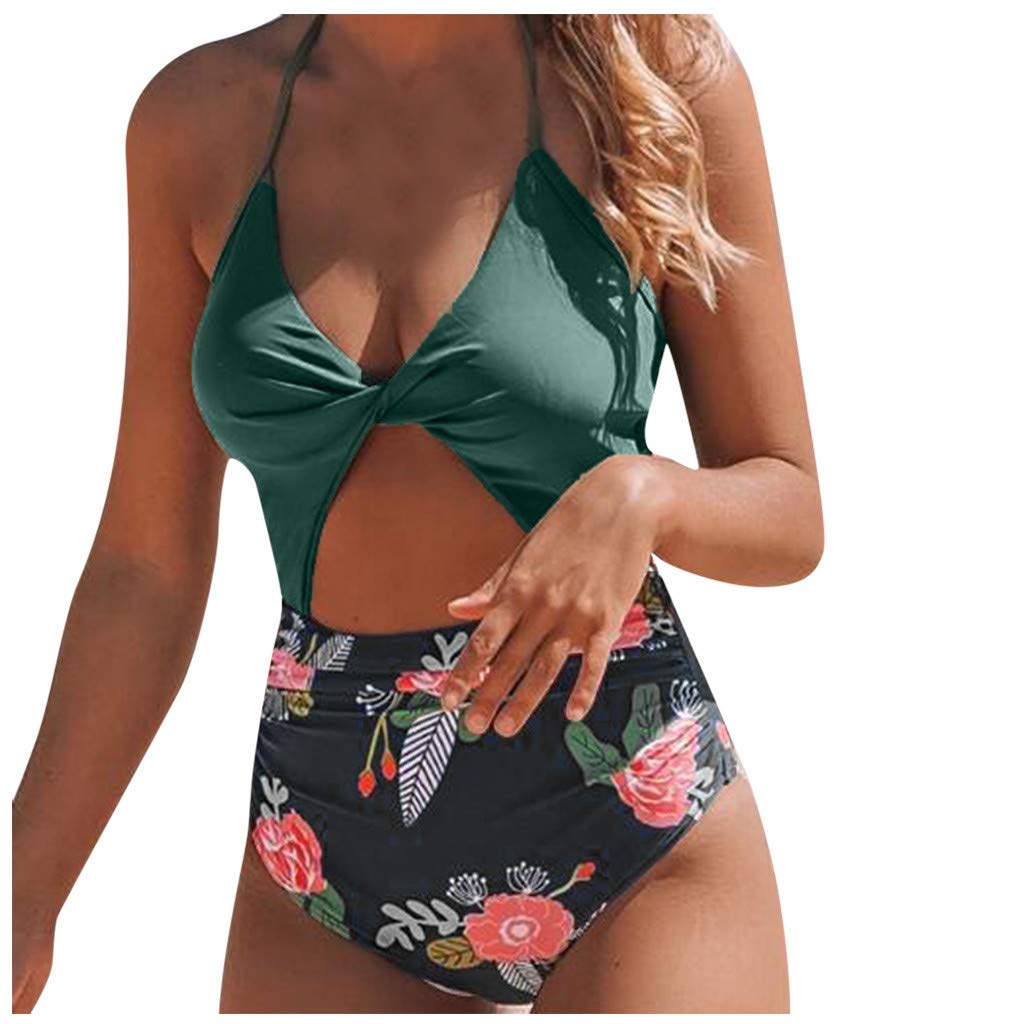 Women's One Piece Swimsuits - Halter V-Neck Cutout Monokini with Tropical Print | Beachwear for Pool, Vacation & Summer Activities