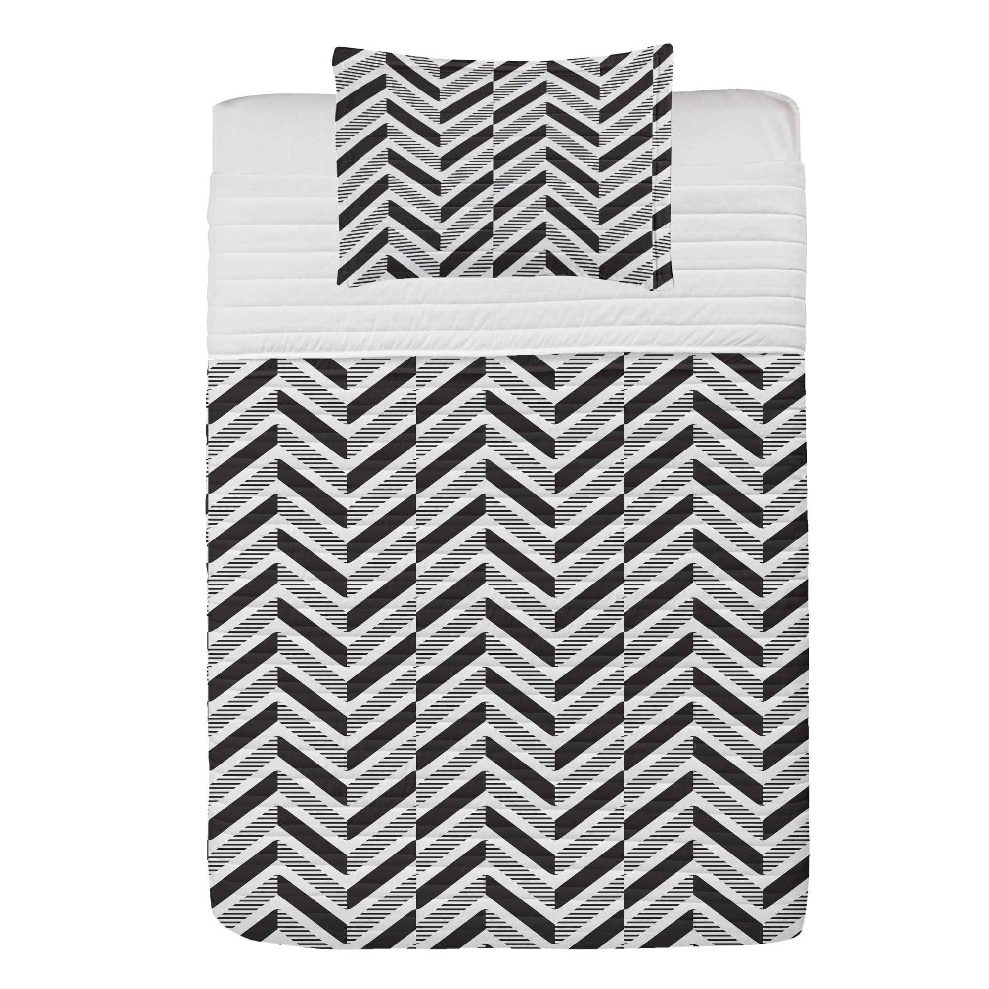 Ambesonne Abstract Microfiber Bedspread Set - Modern Geometric Stripes & Blocks Design, Soft Twin Size Bedding with Pillow Sham & Comforter in Black & White | Perfect for Contemporary Bedrooms, Guest Rooms & Dorm Decor