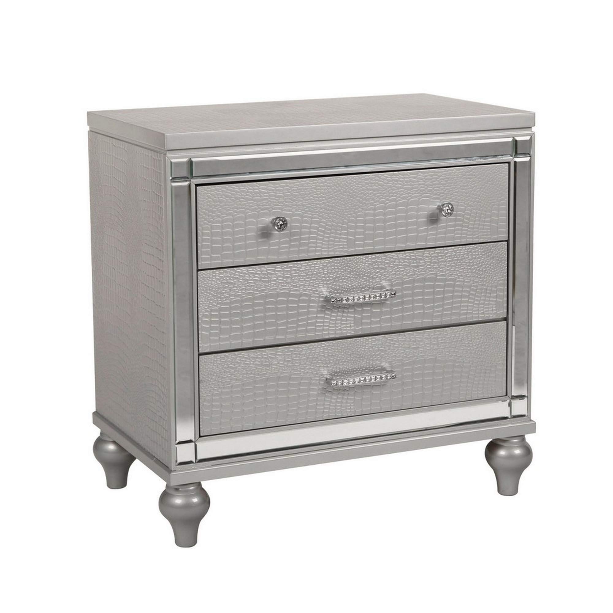 Benjara 3 Drawer Wooden Nightstand with Mirror Accents & Crystal Knobs - Silver Finish Bedside Table for Bedroom, Living Room, or Guest Room Decor