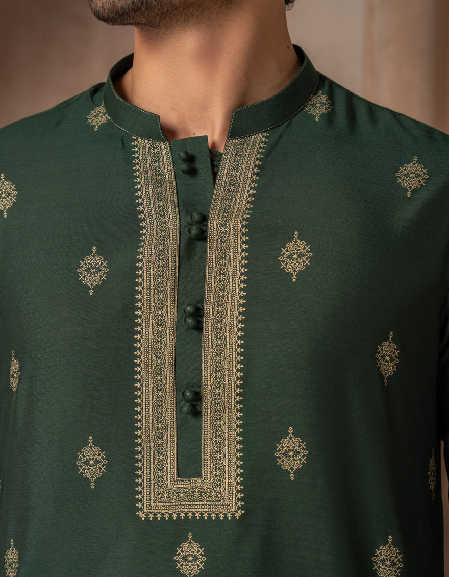 Premium Blended Green Kurta by J. Junaid Jamshed - Stylish Pakistani Traditional Wear for Men, Perfect for Eid, Weddings & Special Occasions