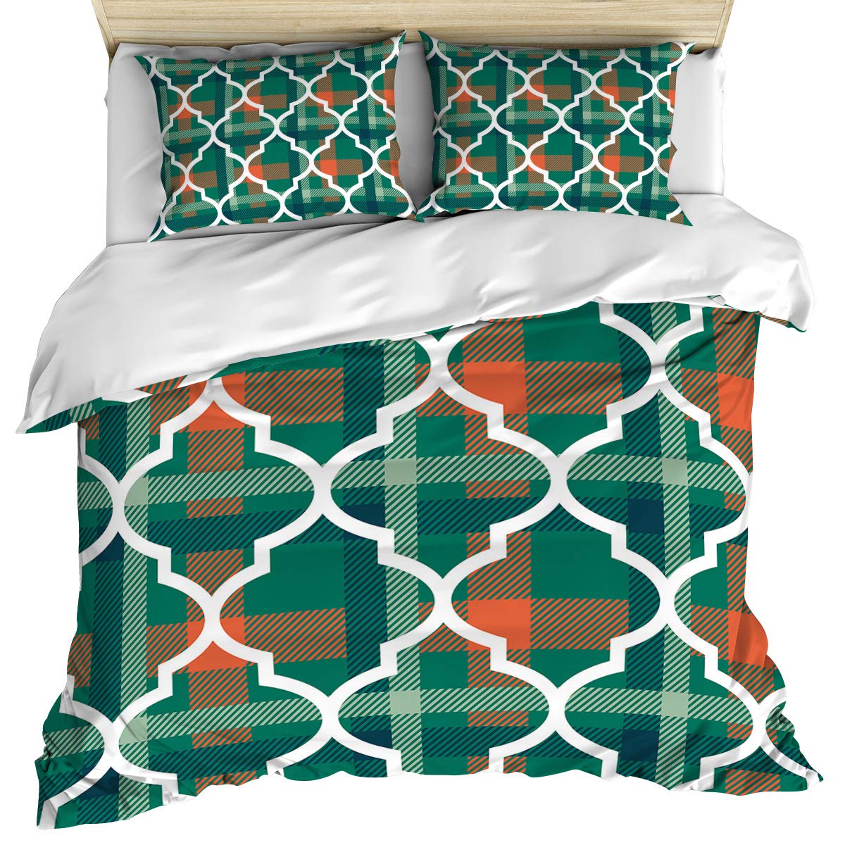 3-Piece Morocco Pattern Checkered Full Duvet Cover Set with 2 Pillowcases - Green Reversible Microfiber Bedding for All Seasons | Perfect for Guest Rooms, Master Bedrooms & Cozy Home Decor