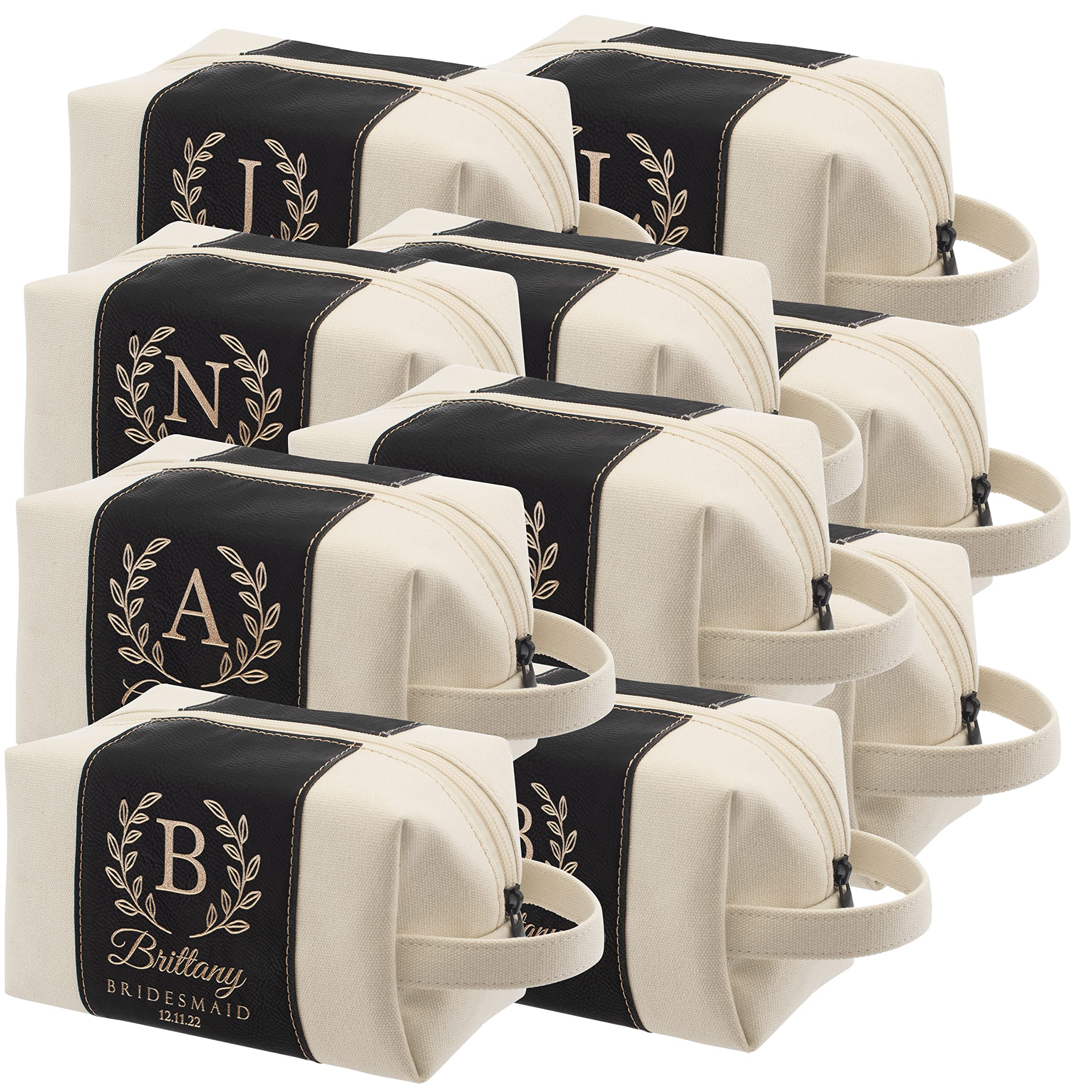 Personalized Bridesmaid Gifts Set of 10 - Custom Toiletry Bags for Women with Name, Title & Date - 3 Designs & 4 Colors - Perfect for Bridesmaid Proposals, Bridal Showers & Bachelorette Parties - Black (Great for Wedding Party Favors & Girls' Getaway Essentials)