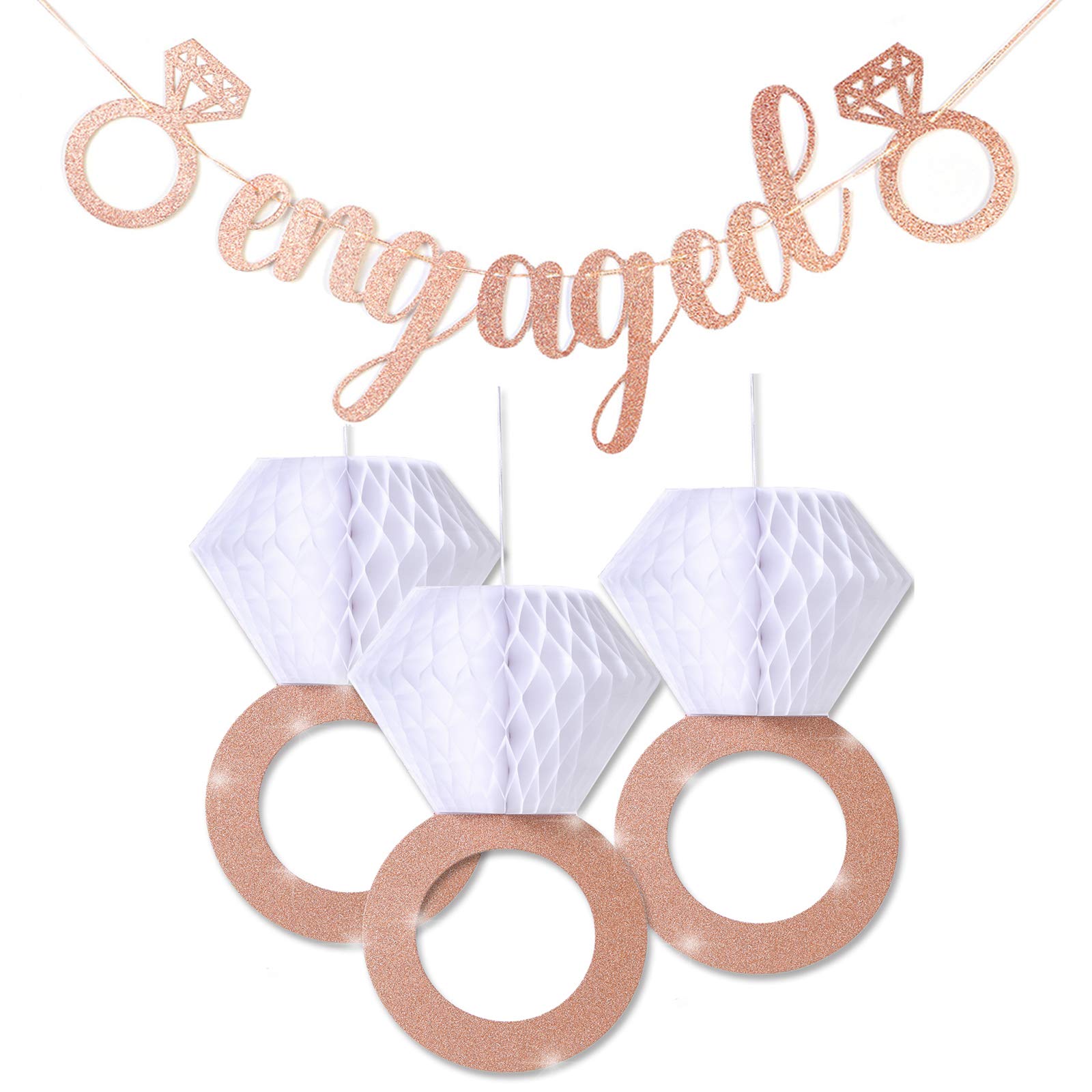 Rose Gold Glitter Diamond Ring Decorations (3pcs) - Elegant Bridal Shower & Engagement Party Supplies - Honeycomb Hanging Decor with Glittery Letters Banner - Perfect for Wedding, Anniversary & Romantic Celebrations