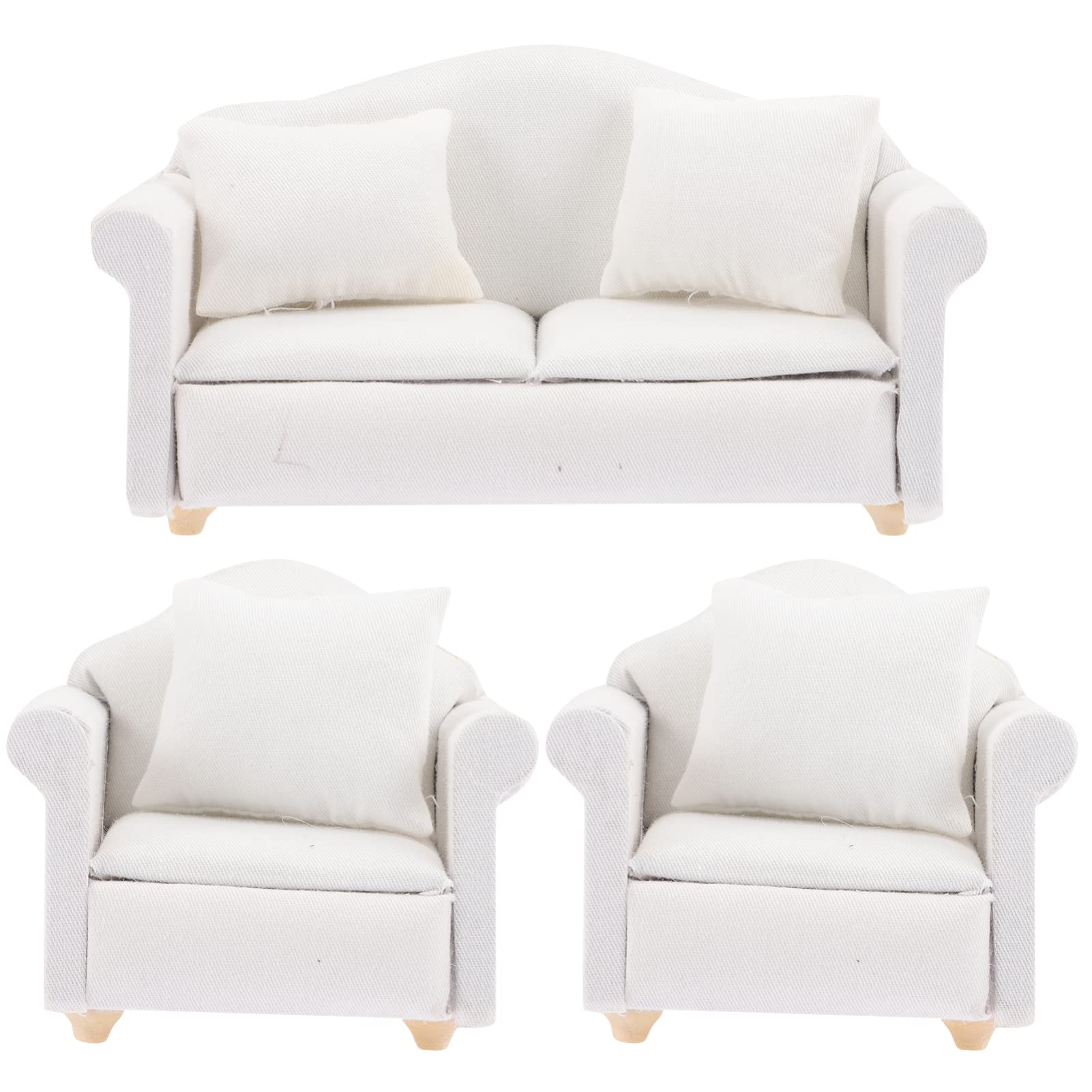 1:12 Scale White Fabric Miniature Dollhouse Sofa Set with Pillow - Wooden Doll House Furniture Accessories for Living Room, DIY & Collectible Mini Toy Couch Chairs - Perfect for Dollhouse Decor, Model Displays & Miniature Enthusiasts