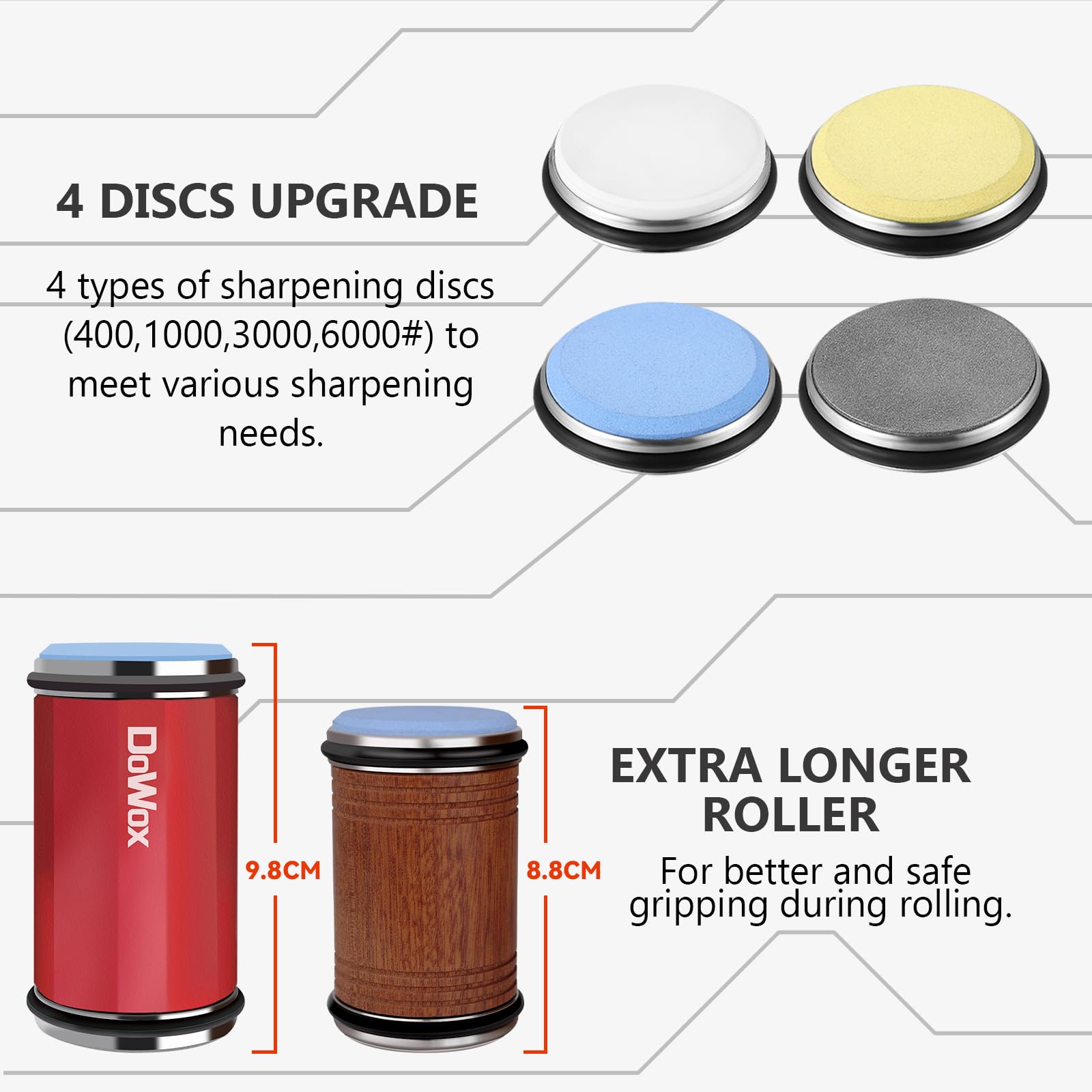 Upgraded Rolling Knife Sharpener with Leather Strop - 4 Degree Angle & 4 Replaceable Honing Discs - Easy Kitchen Knife Sharpening Tool - Perfect for Chefs, Home Cooks & Outdoor Enthusiasts - Red