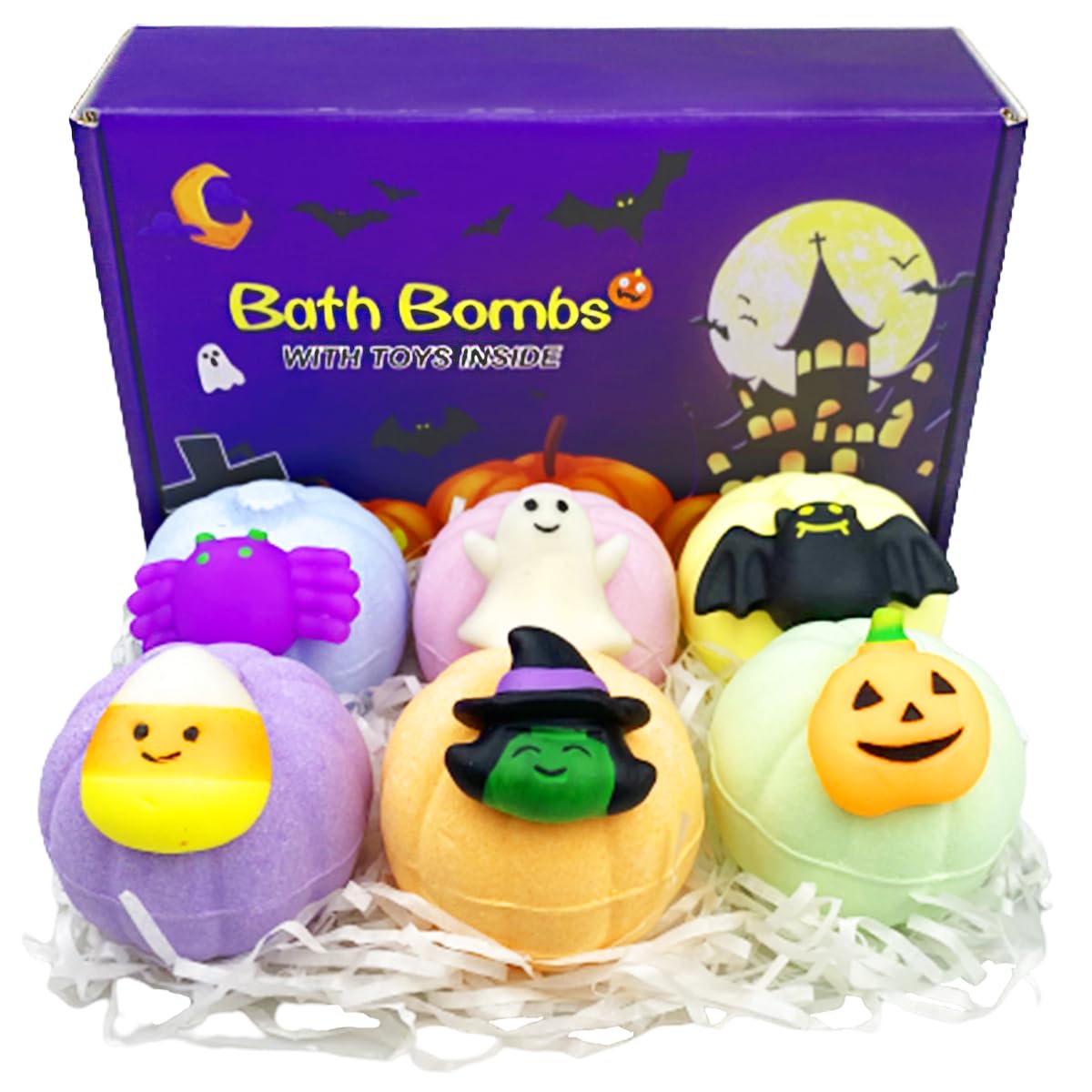 Jofan 6 Pack Halloween Pumpkin Bath Bombs with Surprise Squishy Toys Inside - Fun Halloween Gifts for Kids, Girls & Boys - Perfect for Trick or Treat Bags, Party Favors & Spooky Bath Time Fun