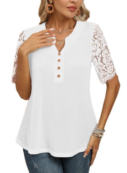 Women's Summer V Neck Waffle Knit Shirt - Casual Short Sleeve Tunic Blouse with Button Up & Lace Detail - Perfect for Beach Outings, Office Wear and Weekend Brunch
